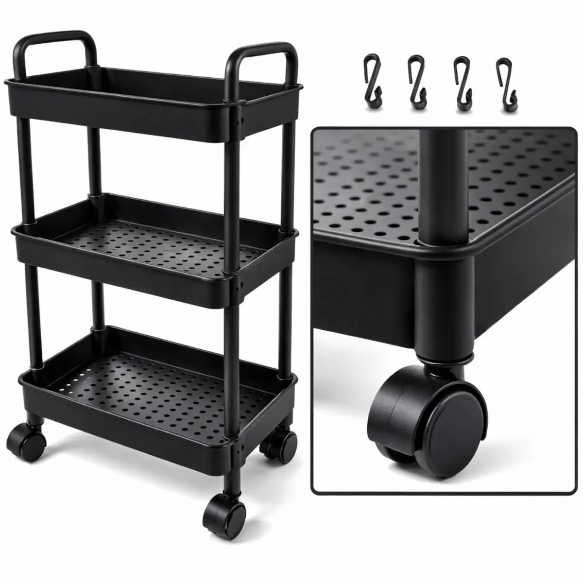 Carrinho Organizador Multiuso 3 Andares | Rodinhas 360°, Ganchos Laterais, Fácil de Montar, Ideal para Cozinha, Banheiro, Lavanderia - 1