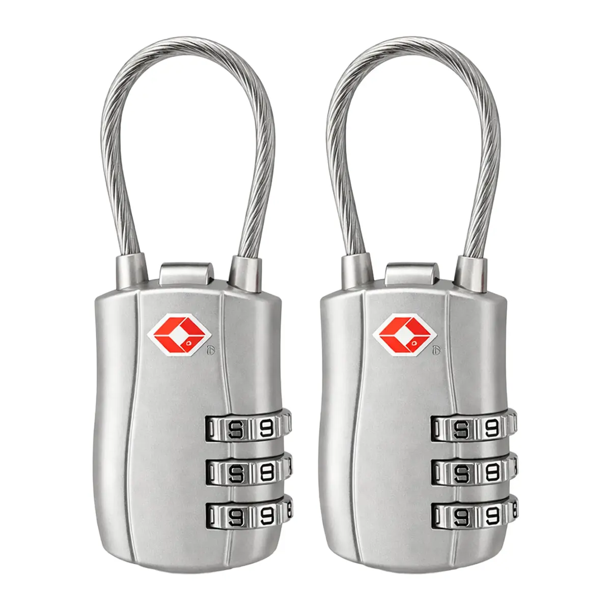 Kit 2 Cadeados TSA com Senha e Cabo de Aço para Mala e Mochila, Prata | Combinação de 3 Dígitos, Sem Chave, Cabo Flexível, 4 Cores Disponíveis, Uso em Armários