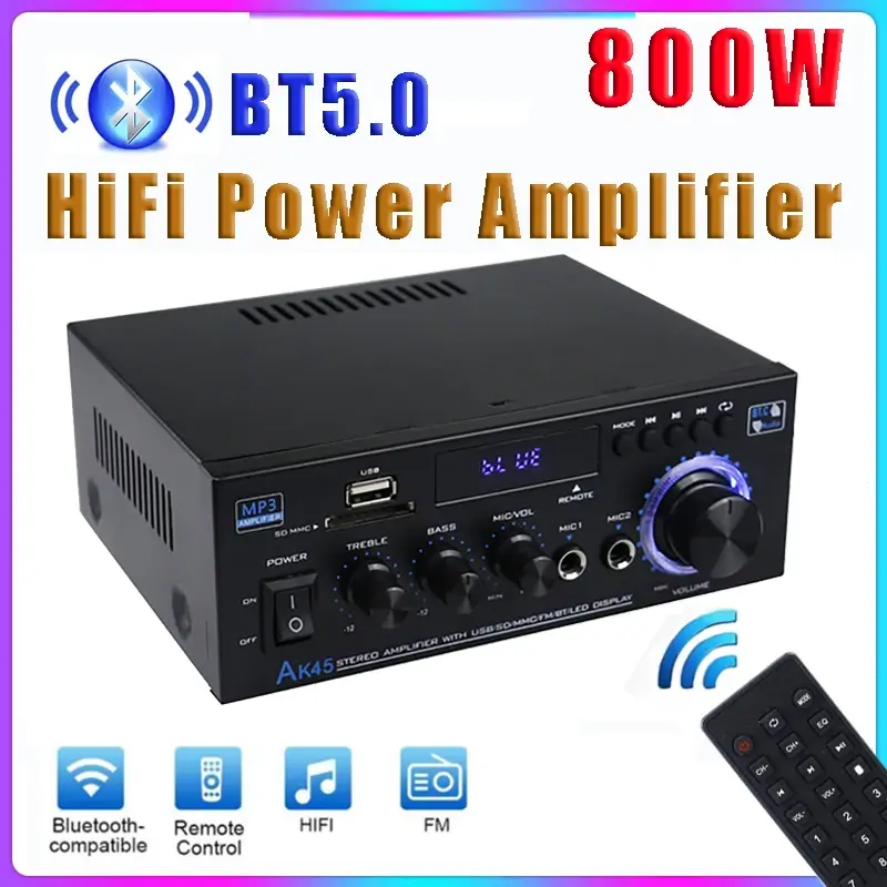 Amplificador de Potência Doméstico AK35/AK45 800W, 2 Canais, Bluetooth 5.0, Mini Amplificador de Som Digital HiFi, Suporta Entrada FM, USB, SD e Microfone