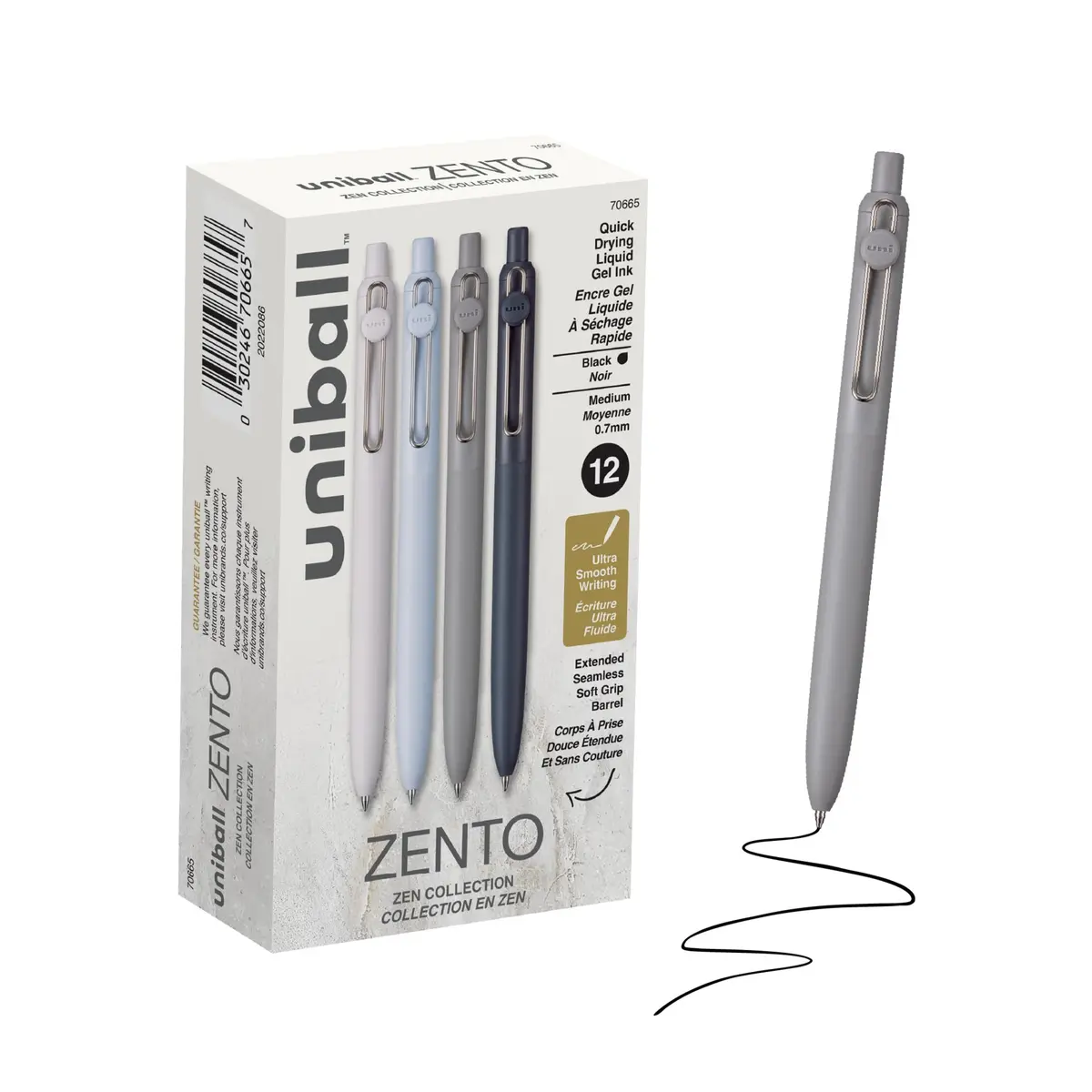 Uniball™ Canetas de gel Zento, tinta preta, ponta média de 0,7 mm, retrátil, 12 unidades, escrita suave, secagem rápida, sem manchas, sem sangramento, cores Zen Barrel