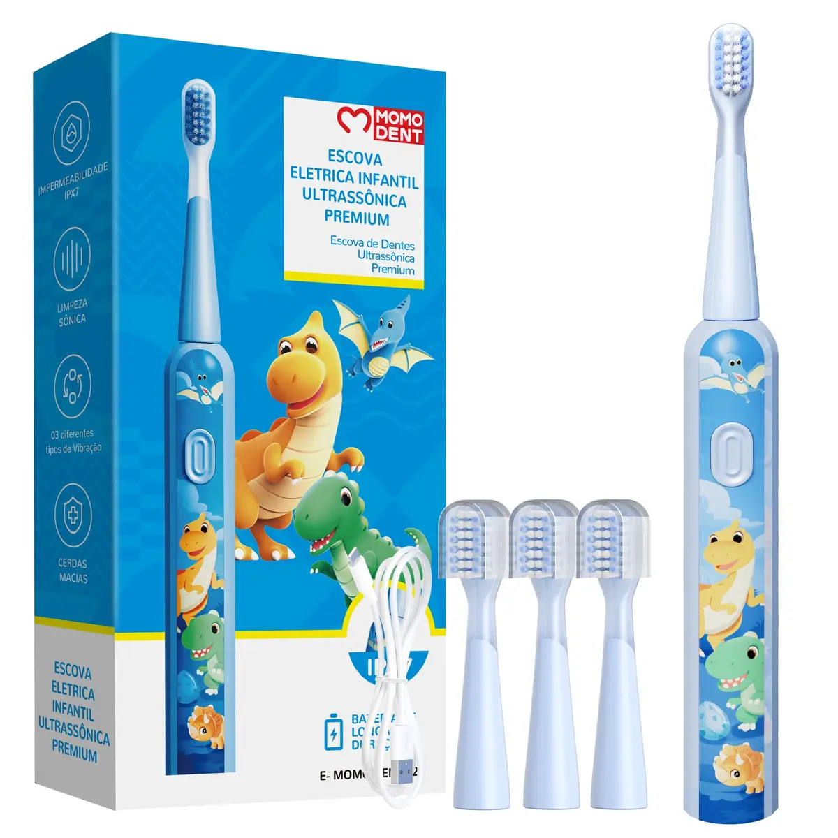 MOMODENT Escova de Dente Elétrica Crianças Sônica, Para 3 a 12 Anos | Cerdas Extra Macias, 3 Modos de Vibração, 3 Cabeças Substituíveis, IPX7 à Prova D'Água, Recarregável - 1