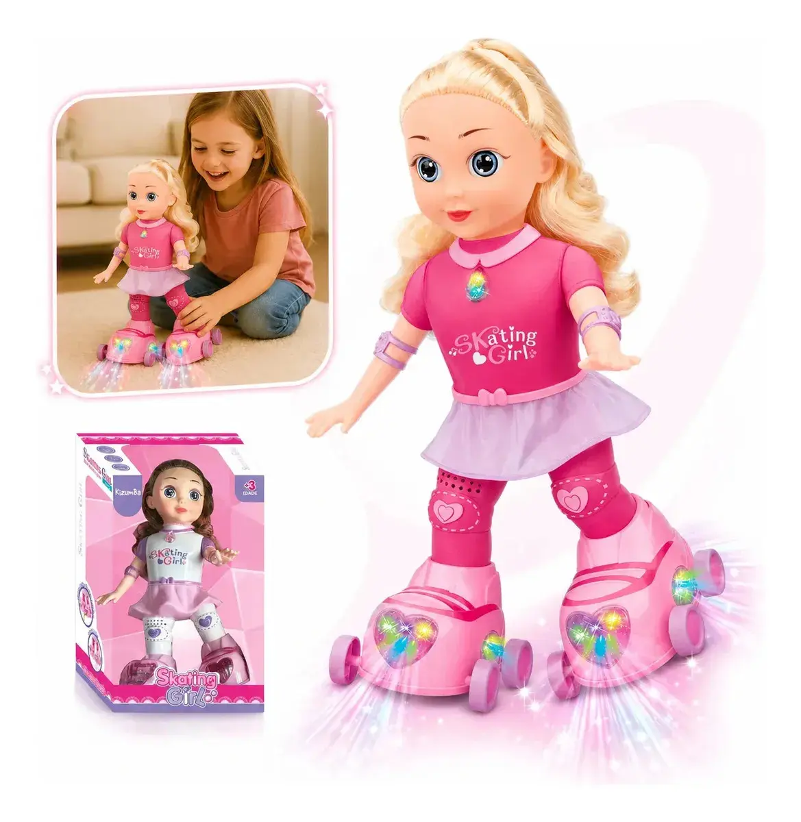 Boneca Patinadora Robô Luz Led Anda Canta Dança Skating Girl Patins Luzes Brinquedo Criança Infantil Menina Kizumba