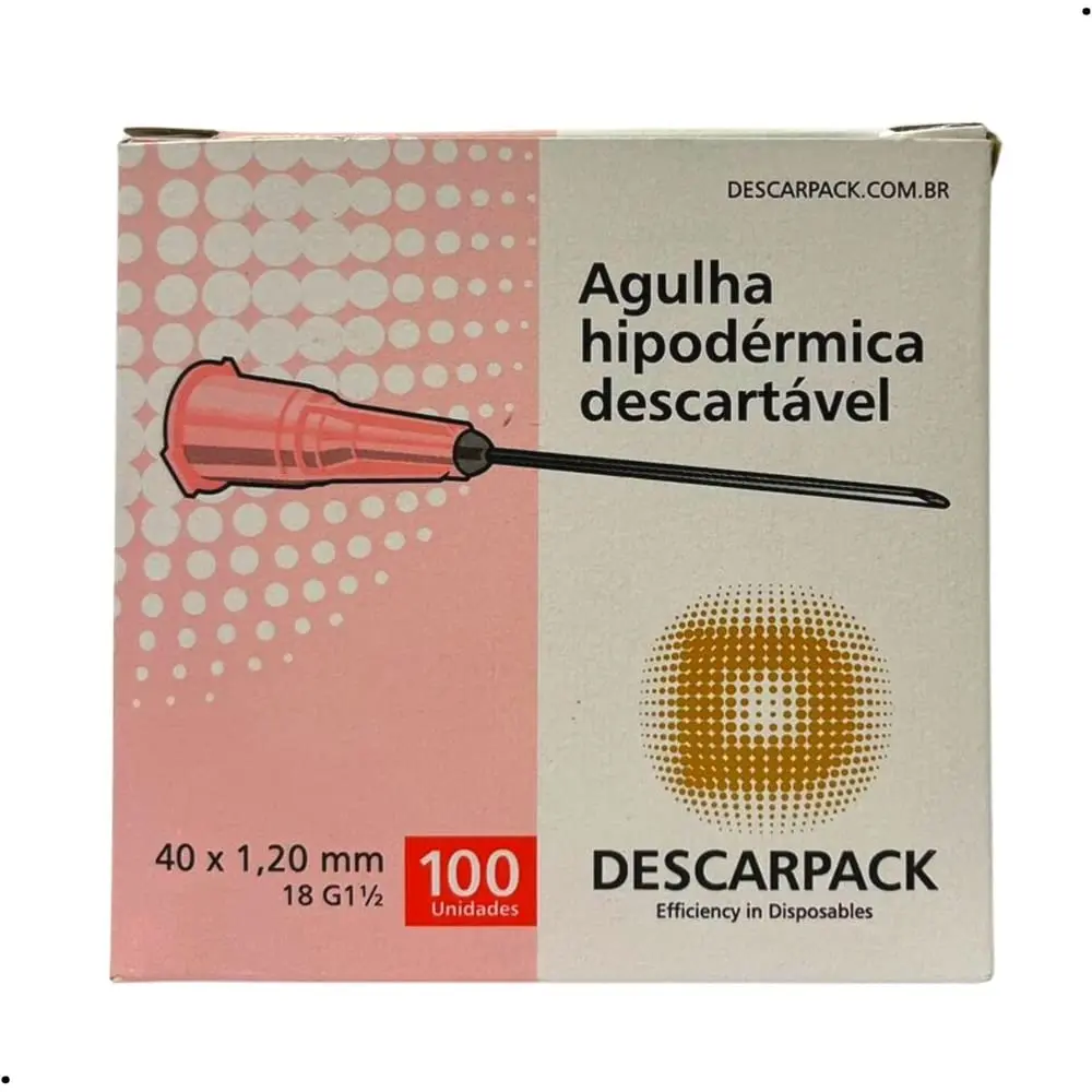 Agulha Hipodérmica (Rosa) 40 x 12 mm, Descarpack - Caixa Com 100 Unidades