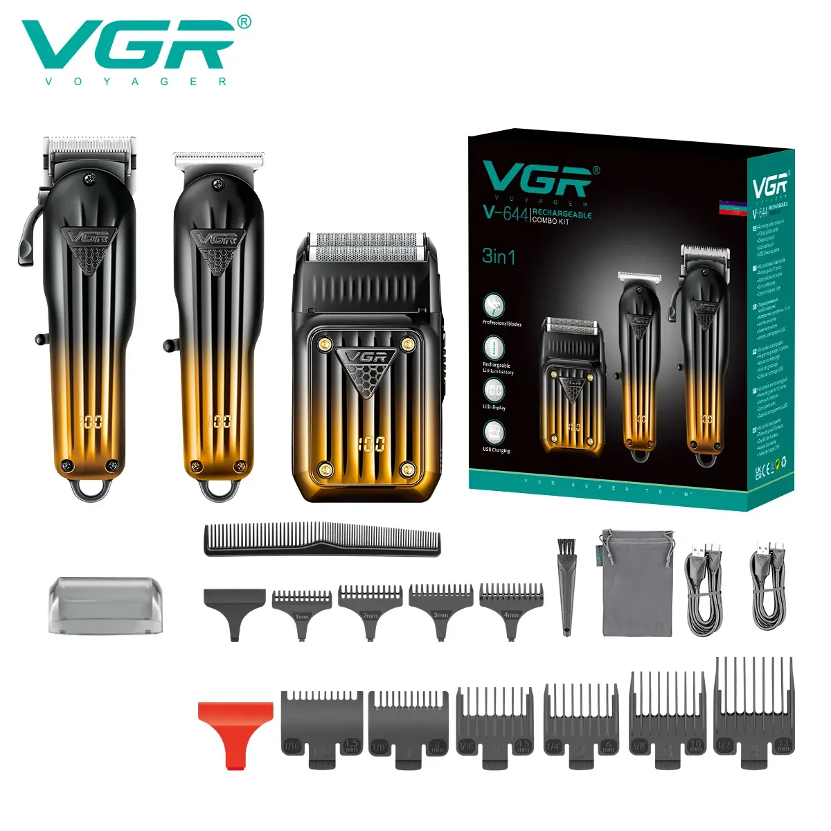 Vgr 644 combinação de corte de cabelo gradiente barbeador elétrico recarregável profissional máquina de cortar cabelo masculina escultura empurrador elétrico