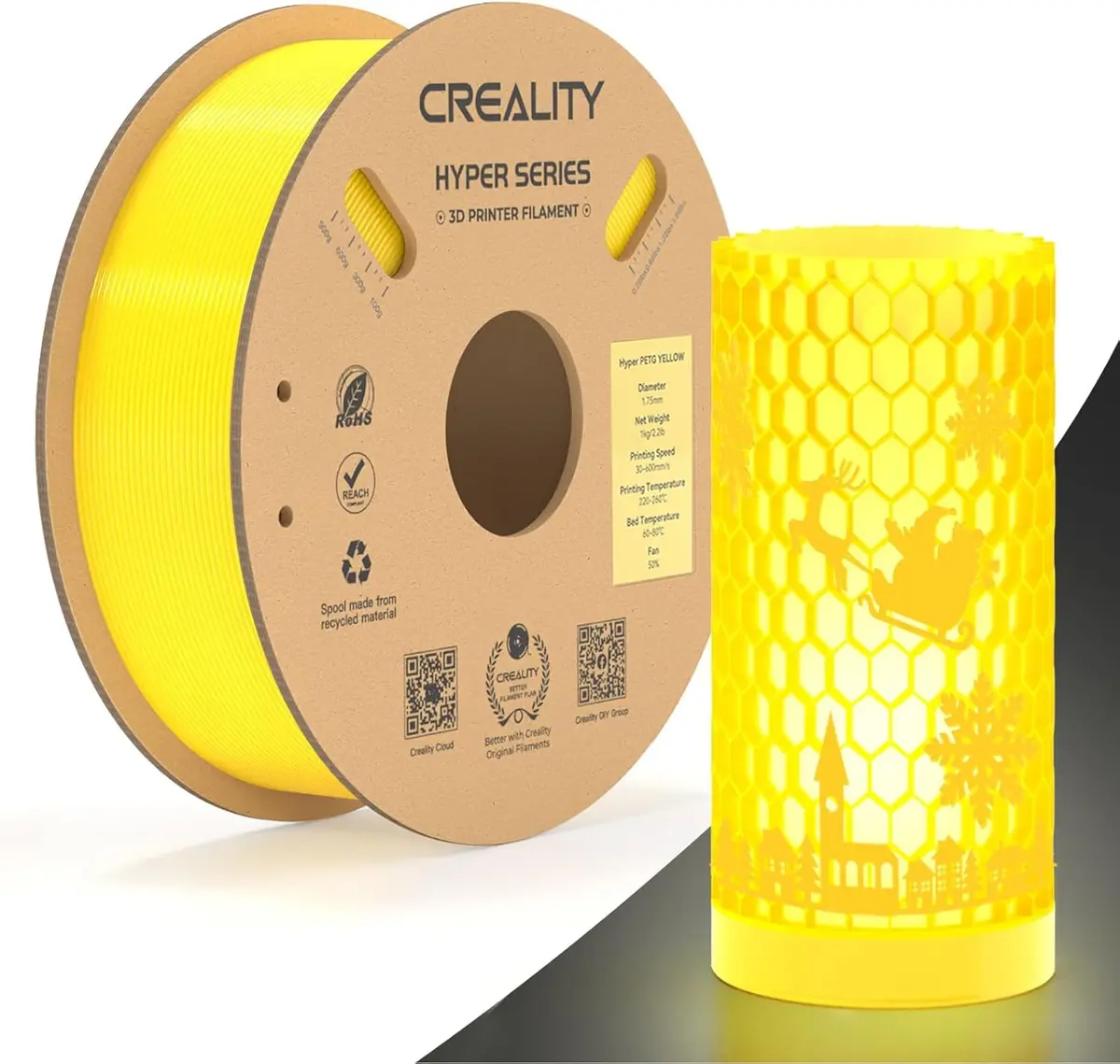 Creality Filamento Hyper PETG oficial de 1,75 mm, filamento PETG para impressoras 3D de alta velocidade (600 mm/s), bobina de 1 kg (2,2 lb), precisão dimensional de ± 0,05 mm (amarelo) - 1