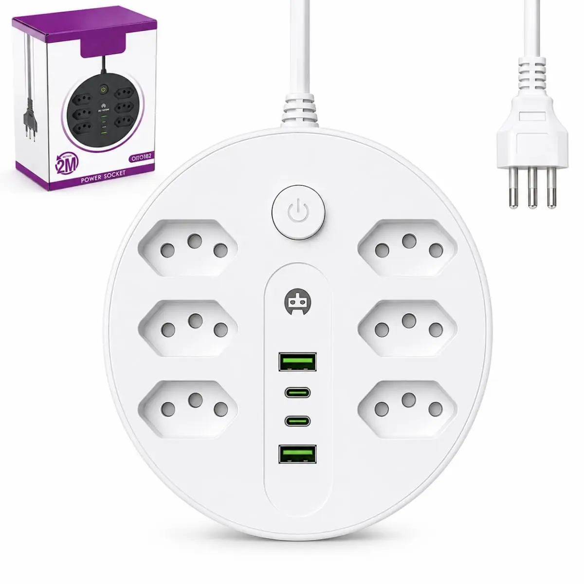 Régua de Energia 6 Tomadas 2 USB 2 USB-C Extensão Elétrica 2m Branco