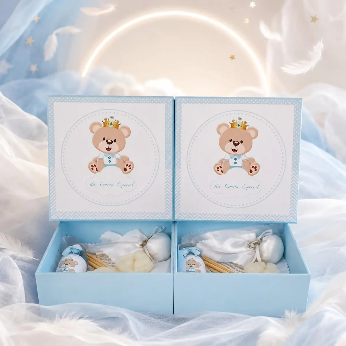 2 Caixa Convite Padrinhos de Batismo, Urso Príncipe e Urso Princesa, MDF 15x15x5 cm - 1