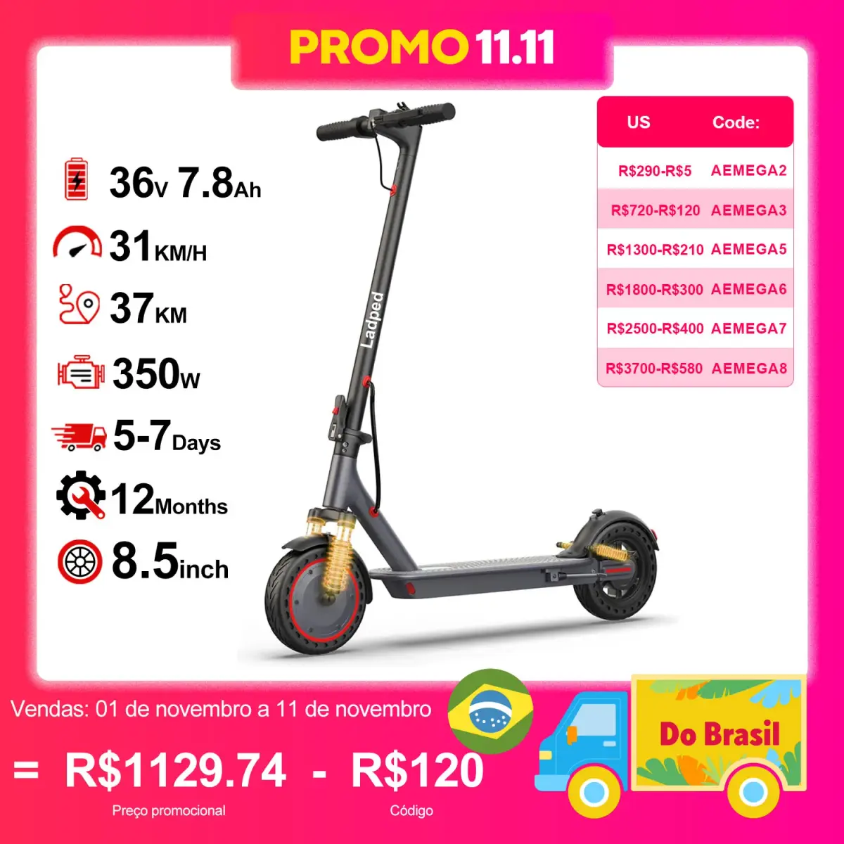 Scooter Elétrico LADPED LP07 350W 35km/h Velocidade Máxima Controle Inteligente por APP Suspensão Dupla 37KM Alcance Máximo Para Deslocamento Urbano