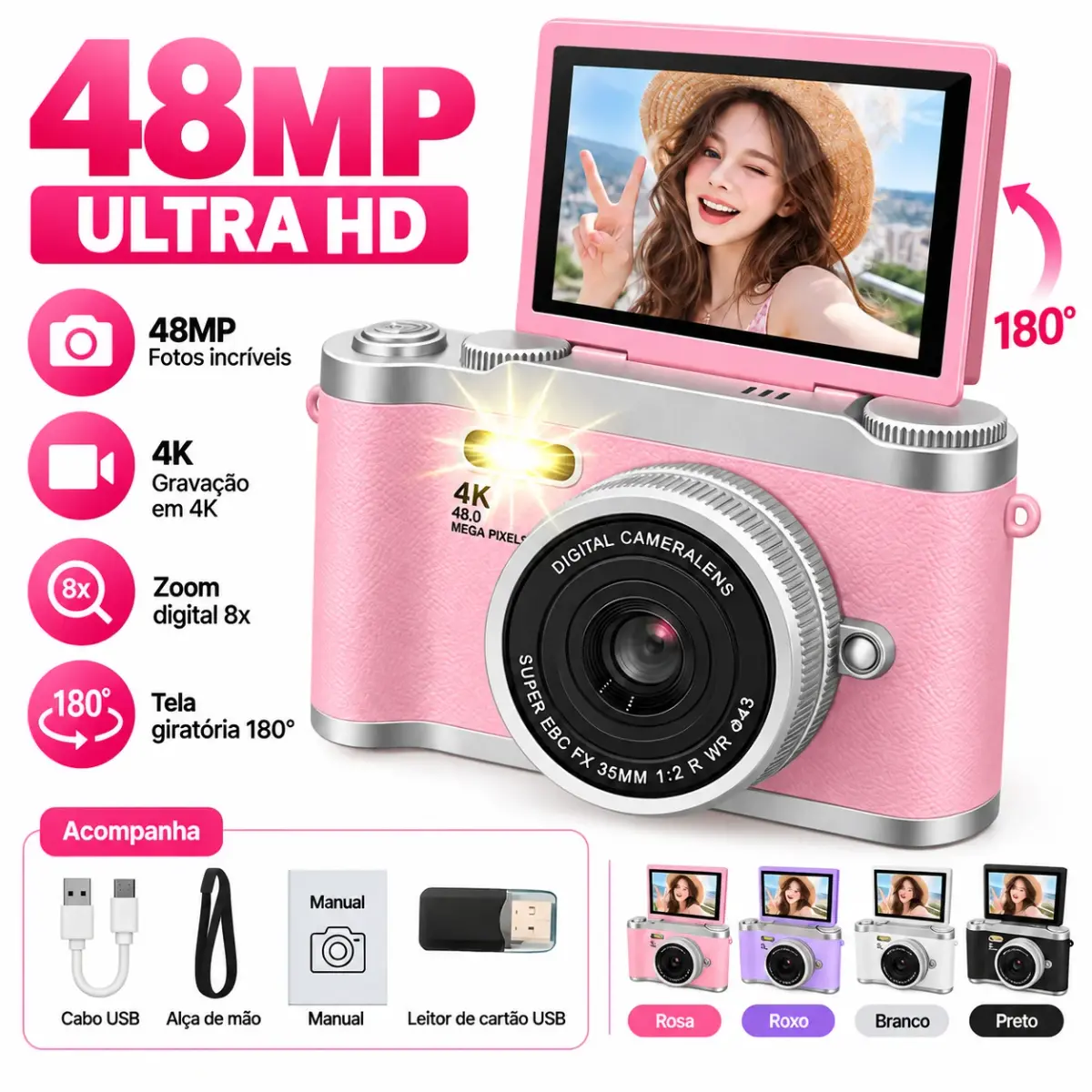 Camera Digital 4K 48MP Tela Flip 180 Graus Zoom 8x Compacta Ideal para Selfies Vloggers e Estudantes