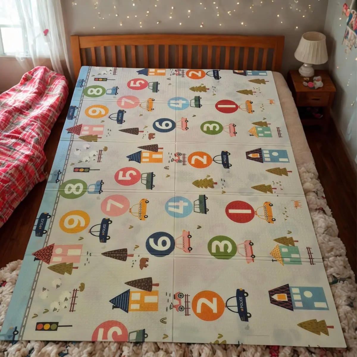 Tapete Tatame Infantil Dobrável Dupla Face 2x1,5m Antiderrapante Engatinhar Impermeável Confortável Educativo Acompanha Sacola Lavável Seguro Macio Estampas Variadas Quarto Brinquedoteca Bebês Criança (Carrinhos/Números) - 1