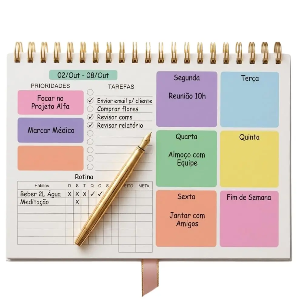 Planner Semanal de Mesa Permanente Colorido 21x29cm 50 Folhas Espiral | Espiral resistente, organizador de tarefas, prioridades e hábitos, agenda sem data