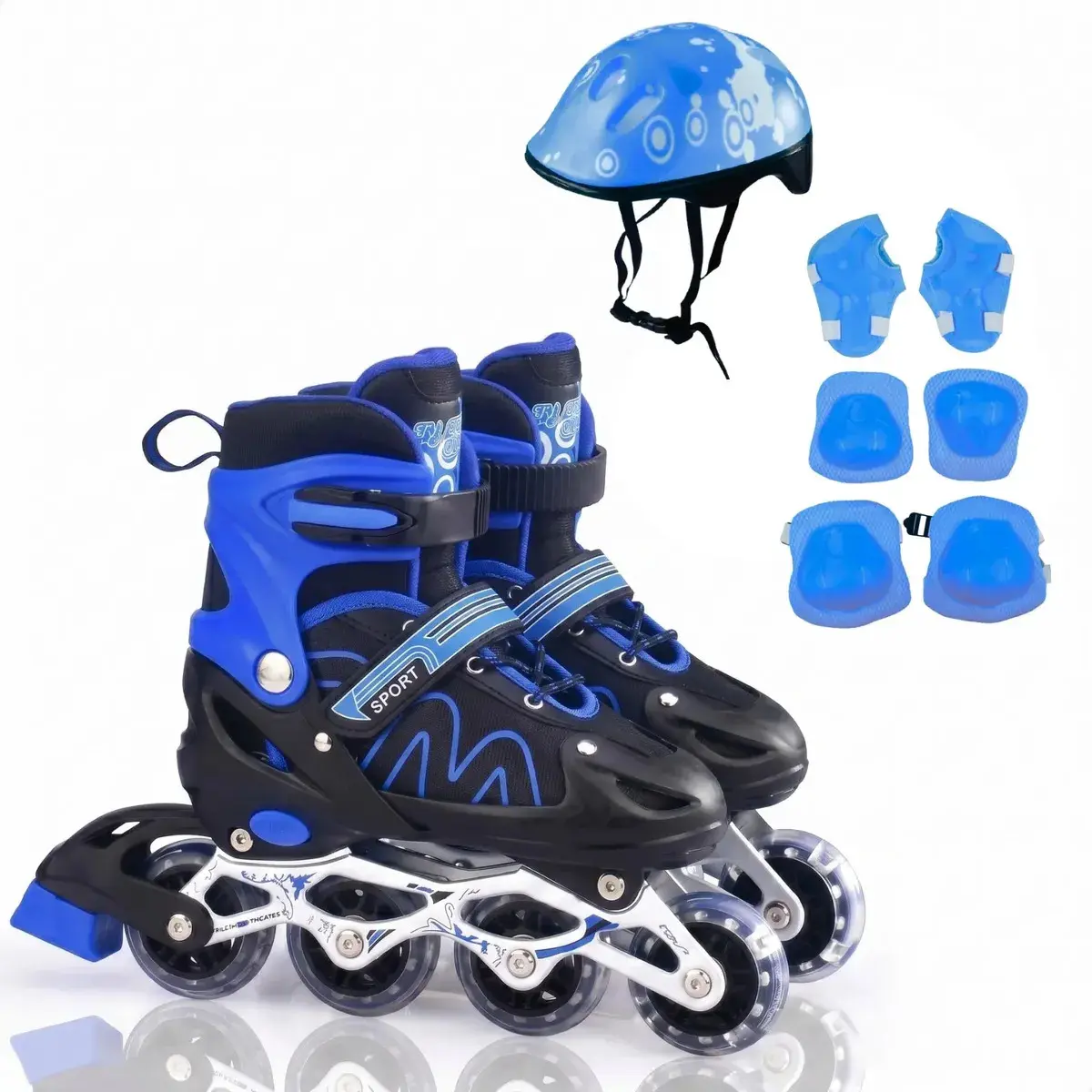 Patins Infantil Ajustável 4 Rodas Inline Roller Kit Proteção Azul- (m)