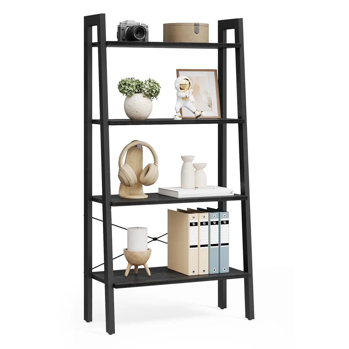 VASAGLE Estante Escada, Estante de Livros com 4 Níveis, Quarto, Cozinha, Escritório, Estilo Industrial, Estrutura de Aço, Cinza Carvão e Preto Tinta BRLS044B04V2 - 1