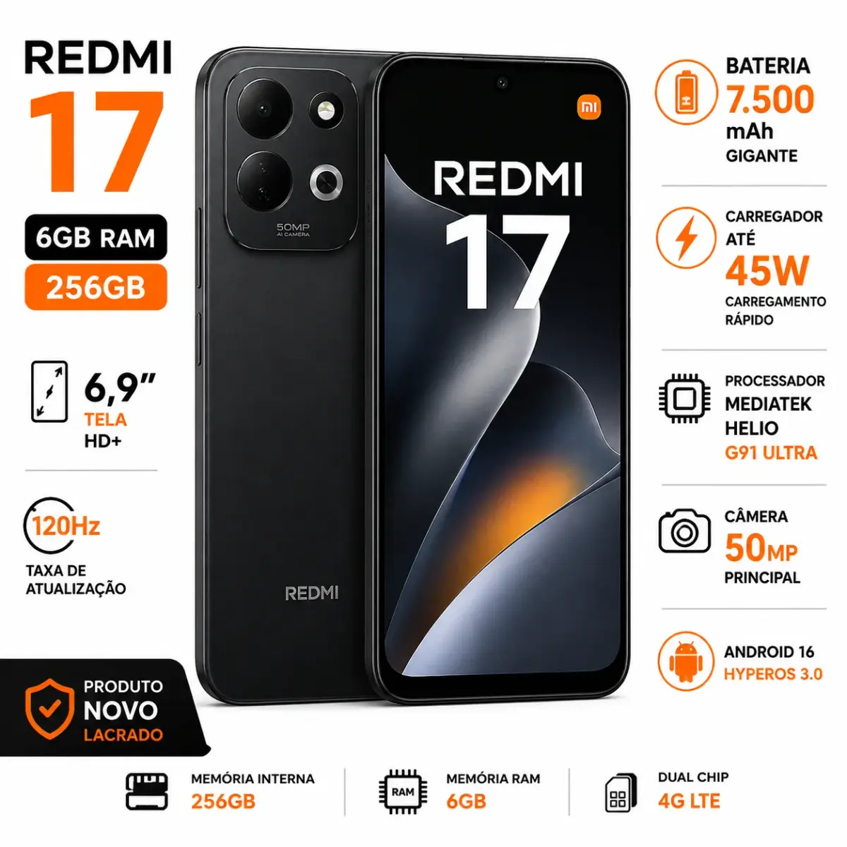 Xiaomi Redmi 17 Dual SIM de 256GB 6GB RAM de 6.9" 50MP 8MP - Preto Bateria 7.500 mAh(Global) - 1