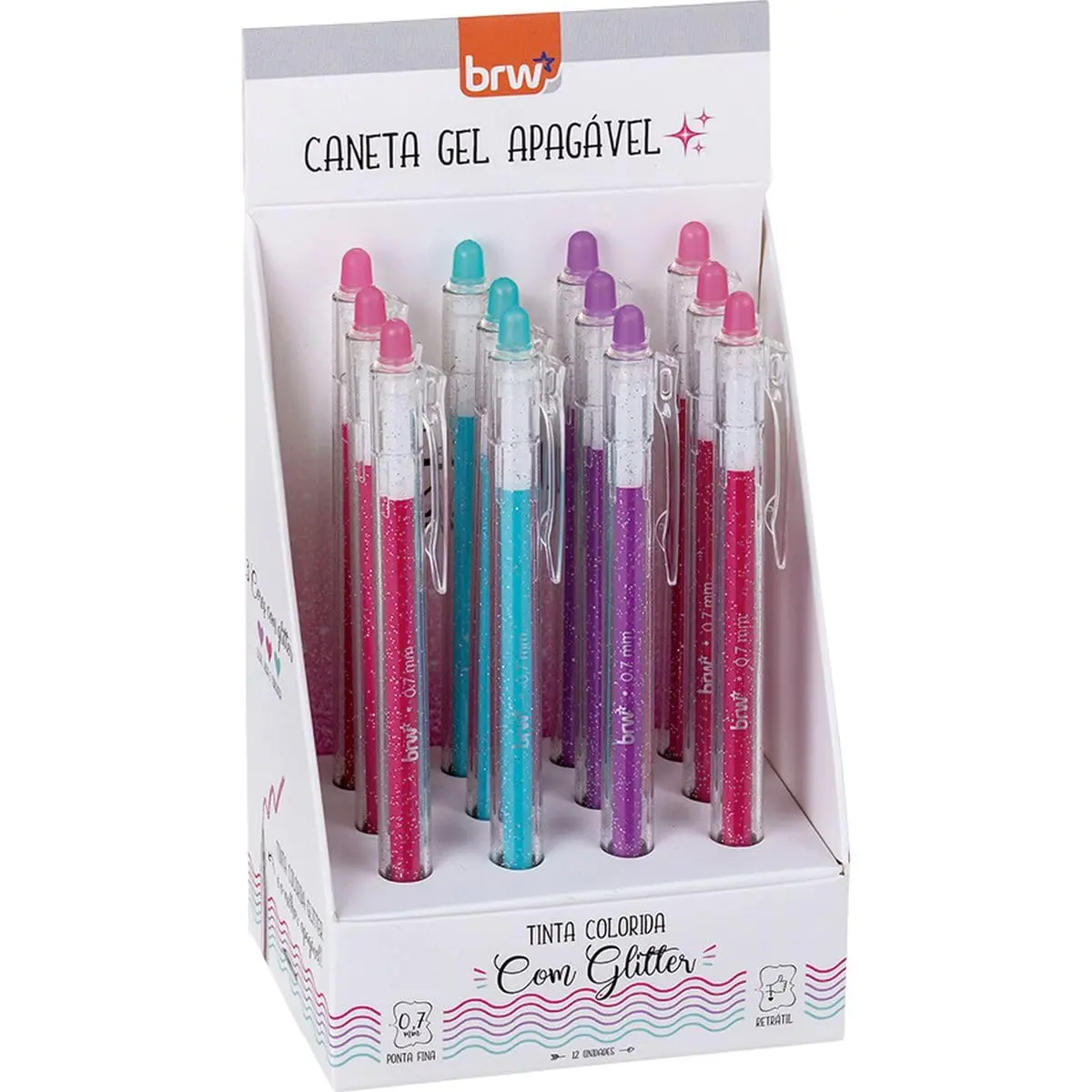 Caneta Divert Gel, Glitter, Apagável, 0,7mm, 3 Cores, Embalagem com 12, BRW