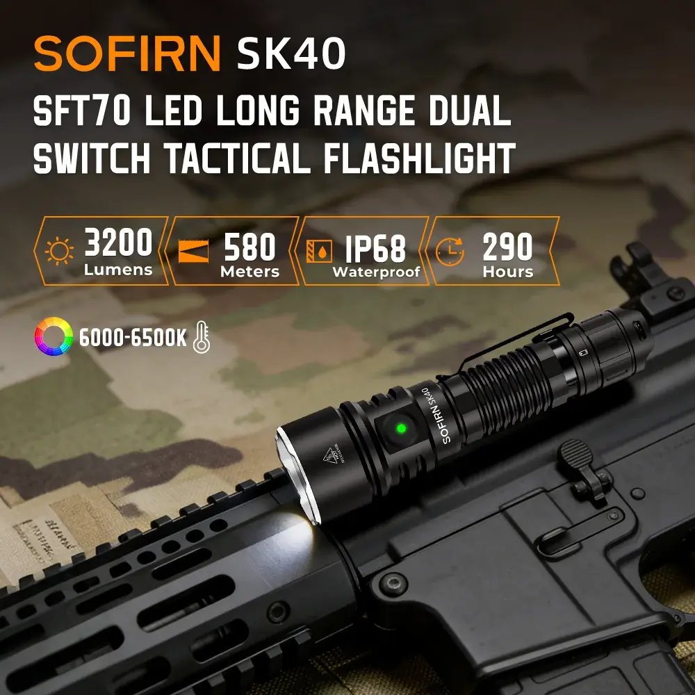Lanterna Tática SOFIRN SK40 3200lm, Potente e Brilhante, LED SFT70, à Prova d'Água IP68 com Interruptor Duplo NOVO