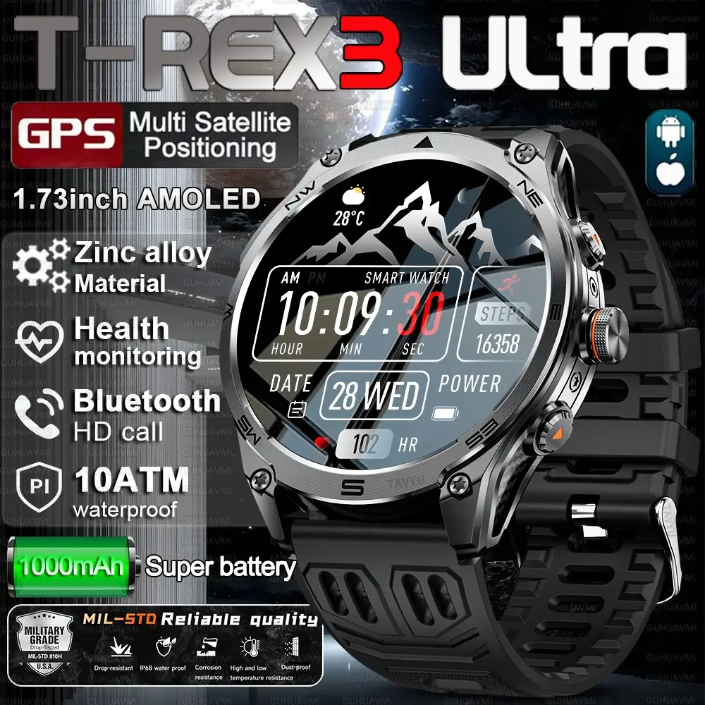 T-rex 3 ultra militar grau 1000mah bateria relógio inteligente 10atm à prova dwaterproof água gps chamada amoled hd masculino 100 + esportes 2025 novo relógio inteligente