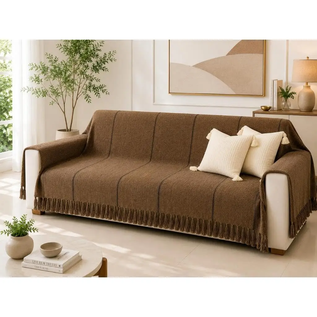 Manta para Sofá Gigante 4,00x1,70 XGG Algodão Macia com Franjas Decoração de Sala(Chocolate listrado PR 4 metros)