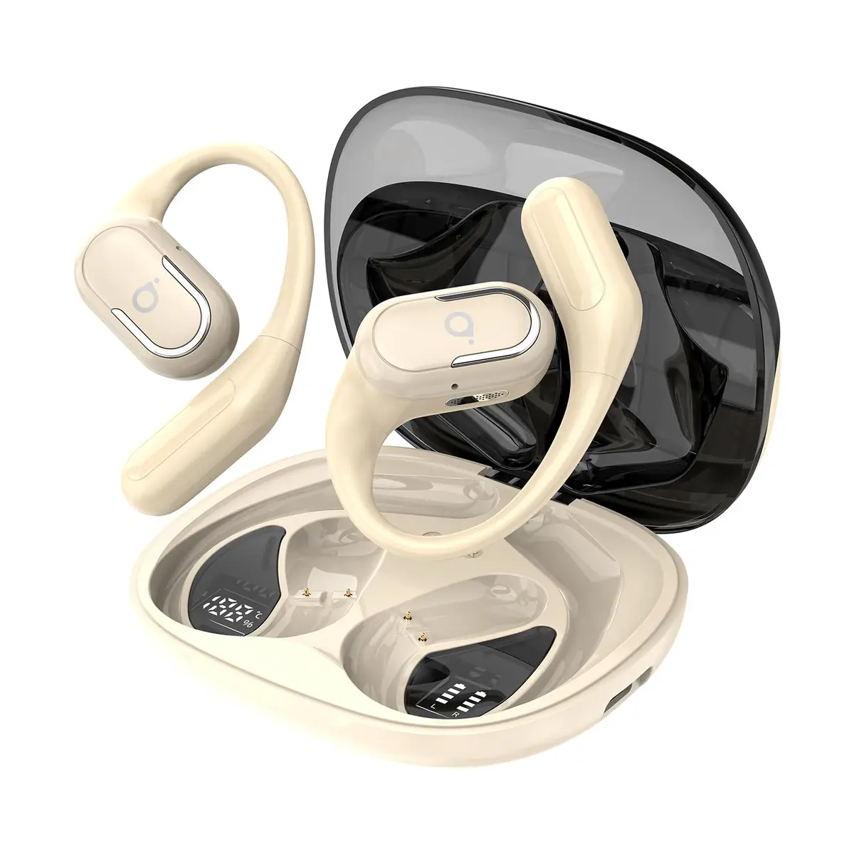 Fone De Ouvido Bluetooth Esportes, Basike T7, IPX6/OWS, Tela LED Dupla, Fone de Ouvido Aberto Estéreo Hi-Fi, Suporta Chamadas de Voz, 60 Horas em Standby Para Corrida e Exercícios ao Ar Livre (Branco) - 1