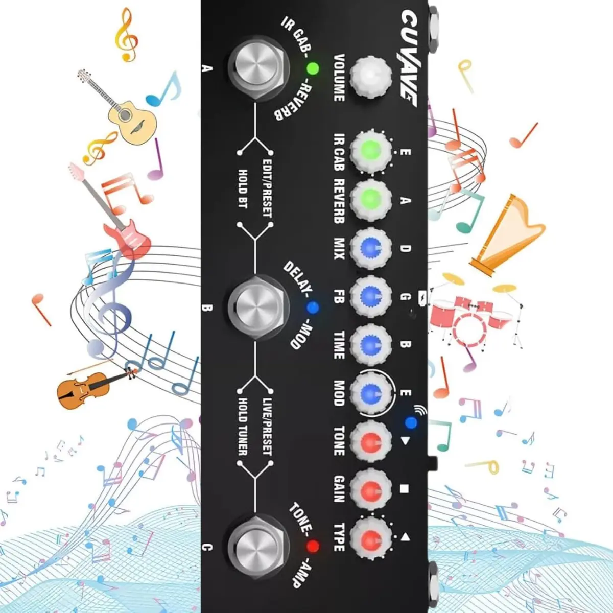 VEDO Pedal de Efeitos para Guitarra CUBE BABY Multifuncional Portátil com 9 Simulações de Amp 8 IR CAB Bluetooth Gravação em Celular Bateria Integrada Tuner e Modos PRESET/LIVE/EDIT para Músicos - 1
