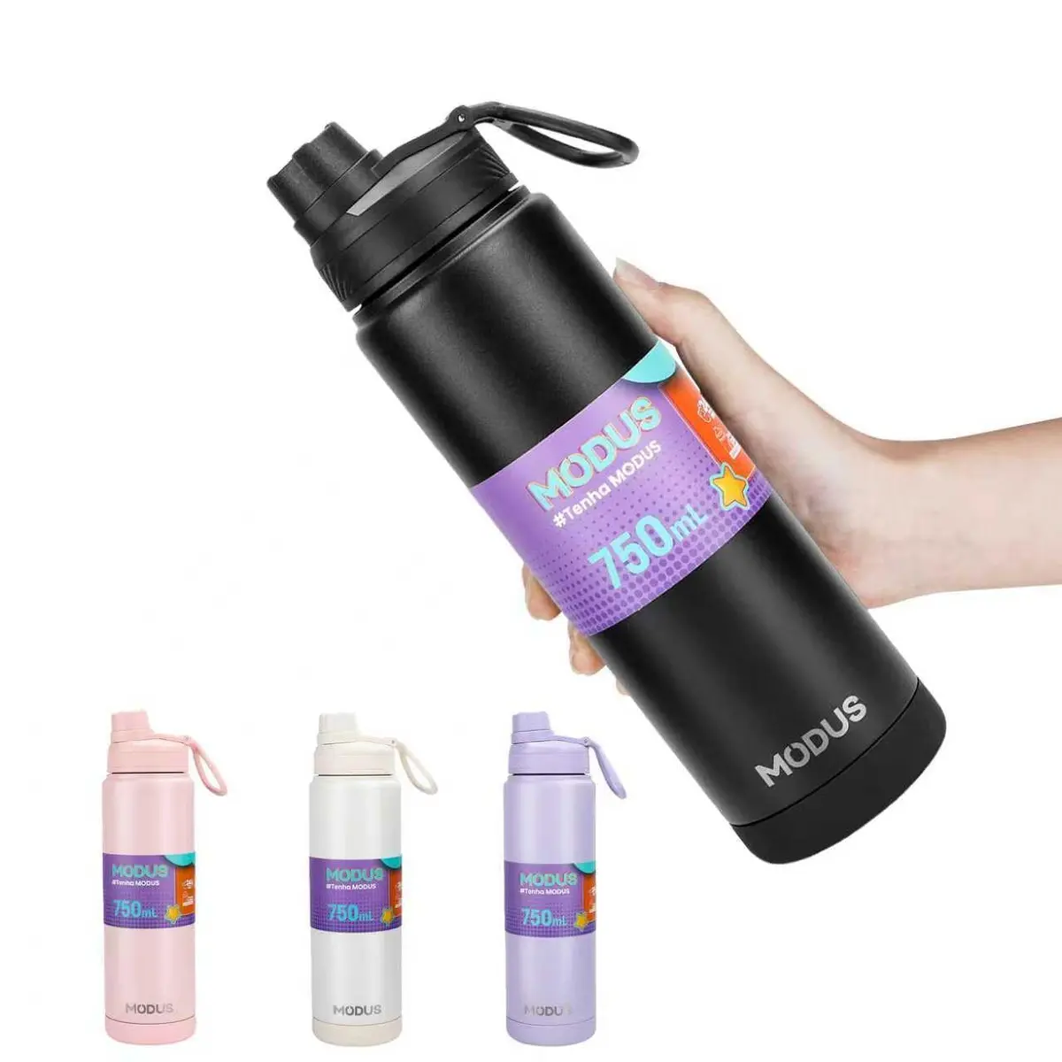 Garrafa Térmica De Aço Inox De Água A Vácuo 750ml com Adesivos | Preto