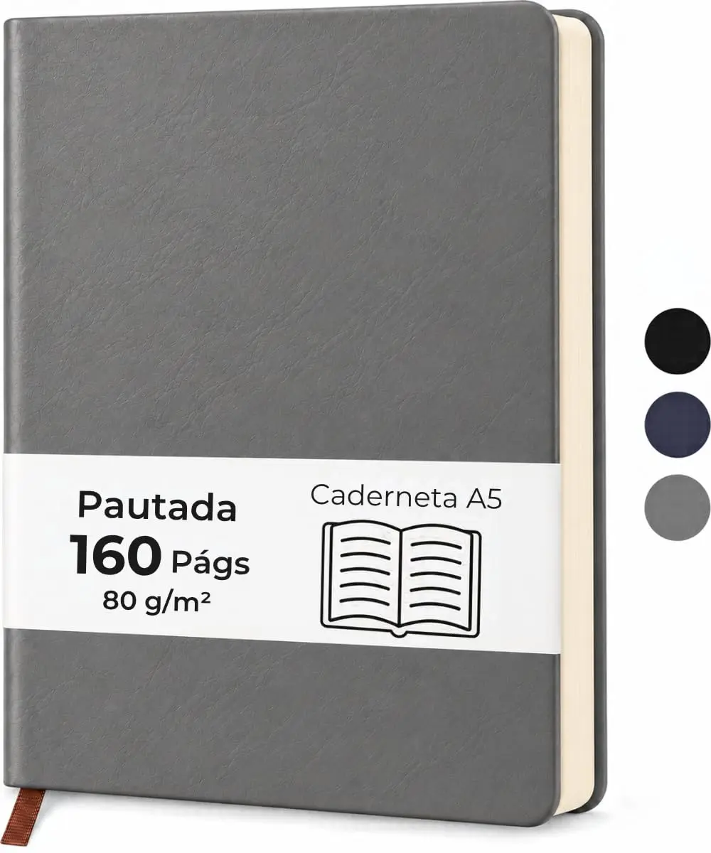 Caderno de Anotações A5 Pautado Capa Flexível Caderneta Agenda Cinza
