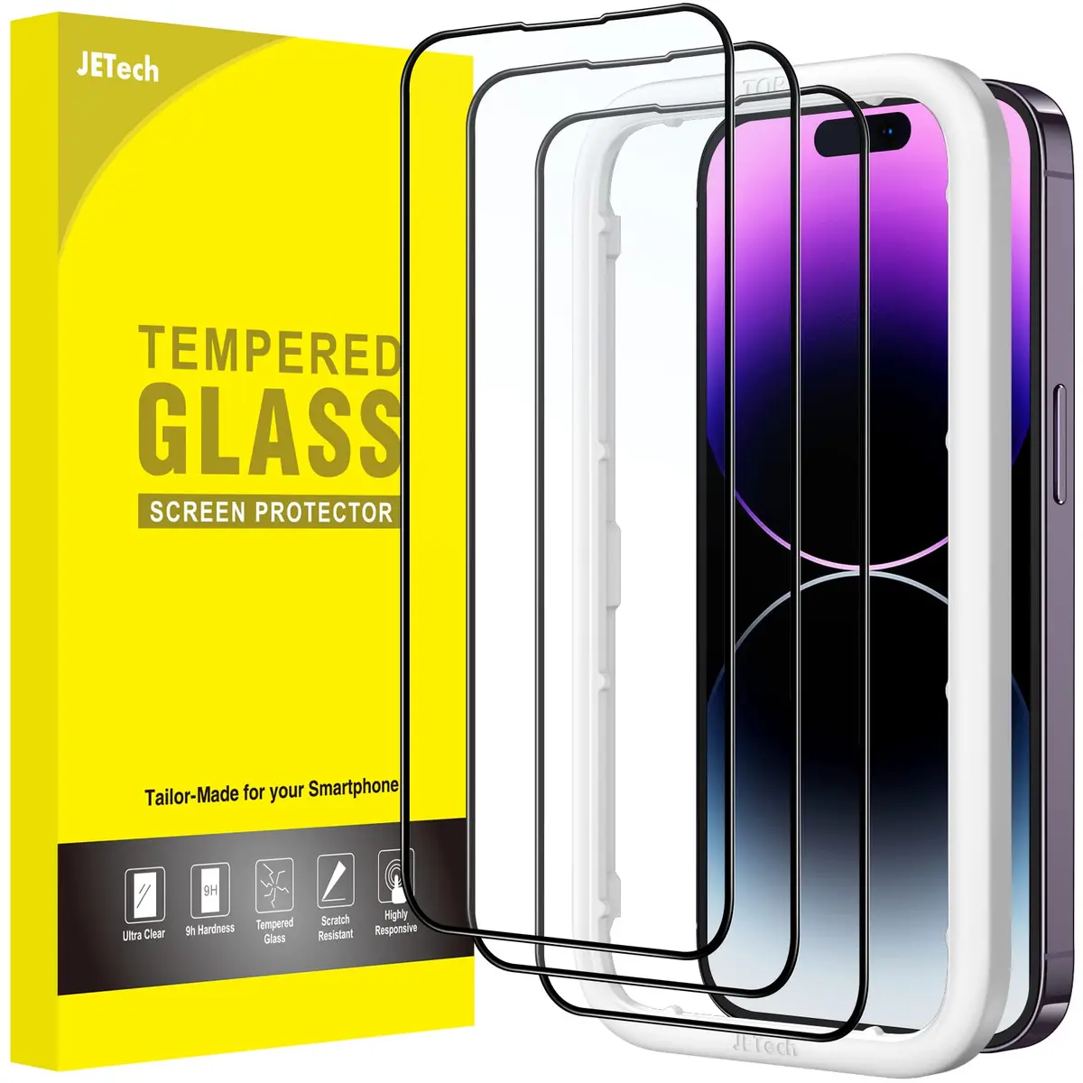 JETech Protetor de Tela para iPhone 14 Pro Max, 3 Unidades | Cobertura Total, Película de Vidro Temperado com Borda Branco, Ferramenta de Instalação Rápida, HD Transparente
