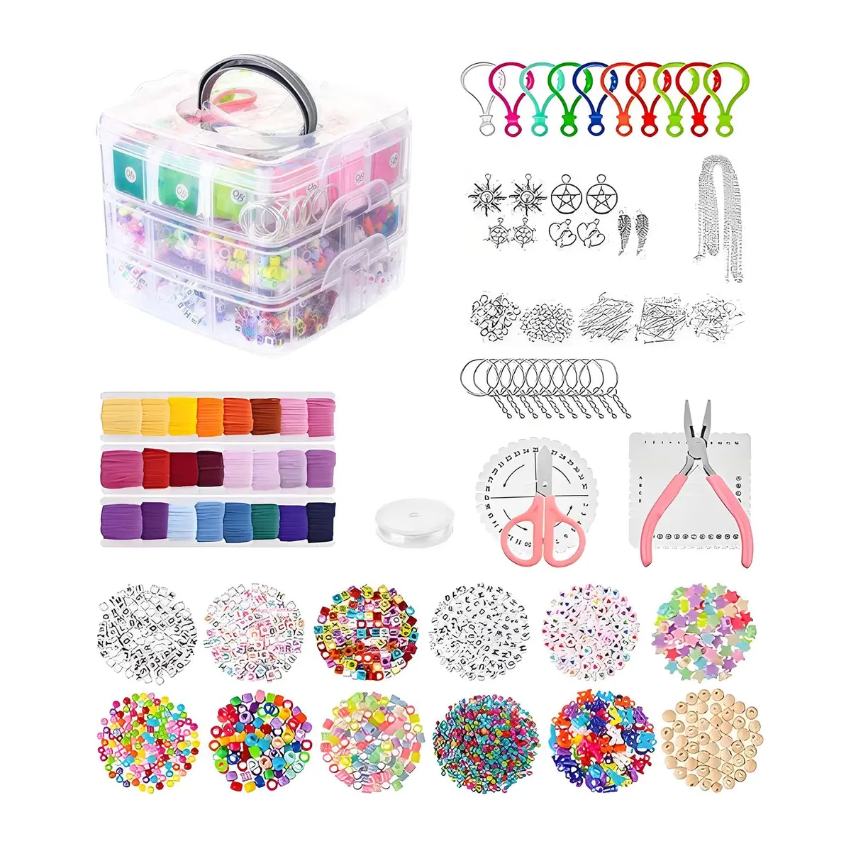 Kit de Miçangas para Pulseiras, Portátil Maleta Miçangas Diy Infantil Artesanato, Para Fazer Joias e Decoração, Com Caixa de Armazenamento de 3 Camadas, Presente para Meninas