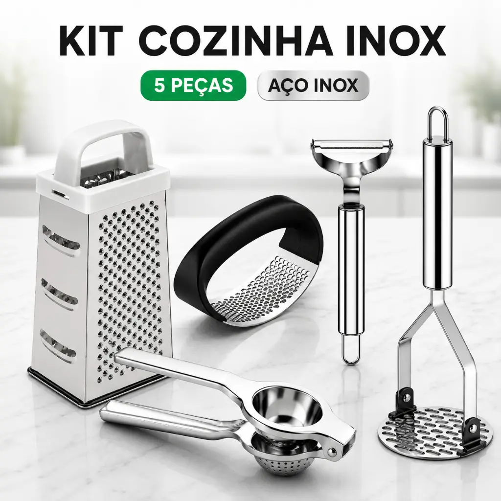 KIT 5 Peças Inox Cozinha | Amassador Batata e Alho, Descascador, Espremedor Limão e Ralador 4 Faces - 1