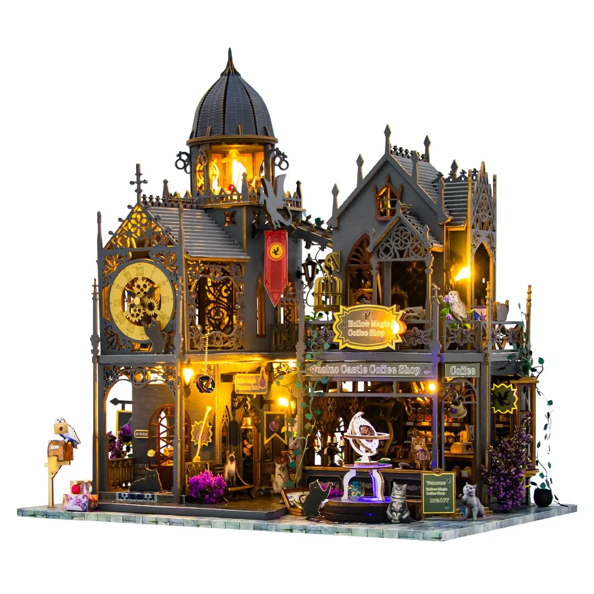 Castelo Mágico DIY - Conjunto de Móveis de Madeira em Miniatura com Kit de Iluminação e Caixa de Música, Para Crianças a Partir de 14 Anos e Adultos