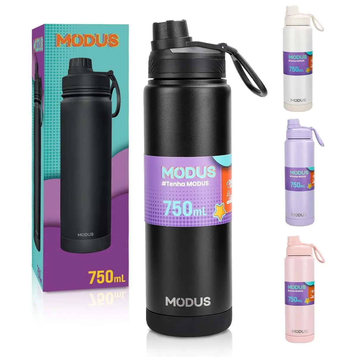 MODUS 750mL Garrafa de Água Térmica Inox Isolada a Vácuo | com Base Emborrachada Anti Derrapante, Adesivo (Preto 750mL) - 1