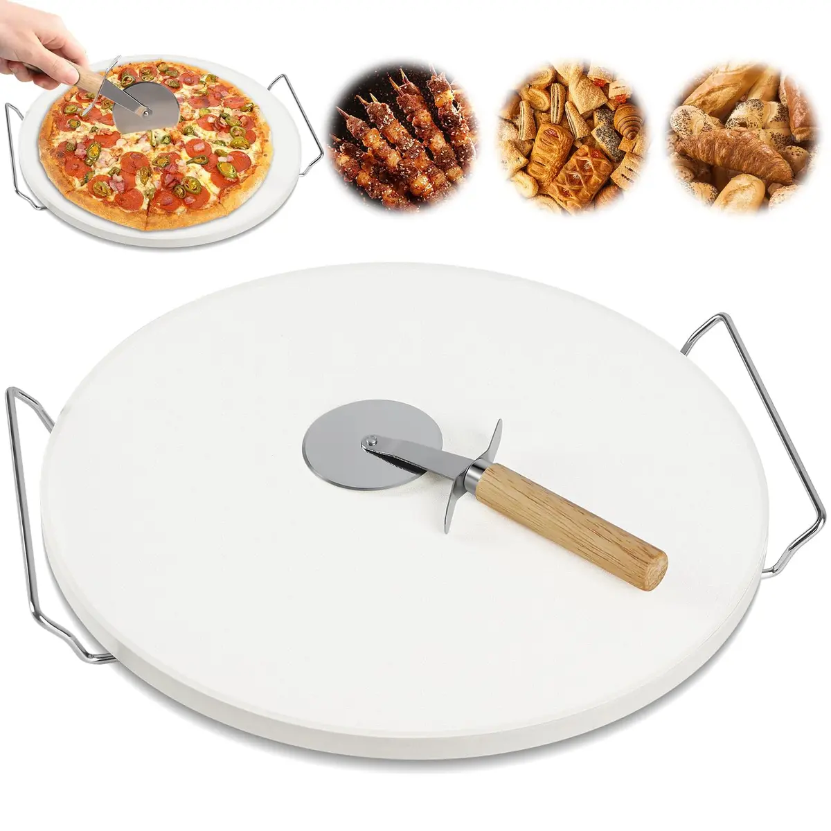 33 cm Pedra Pizza Redonda com Suporte de Aço Inoxidável e Raspador, Kit Pizza para Churrasqueira, Assadeira Pizza, Forma de Pizza para Forno e Churrasqueira, Tábua Bandeja Suporte para Pizza