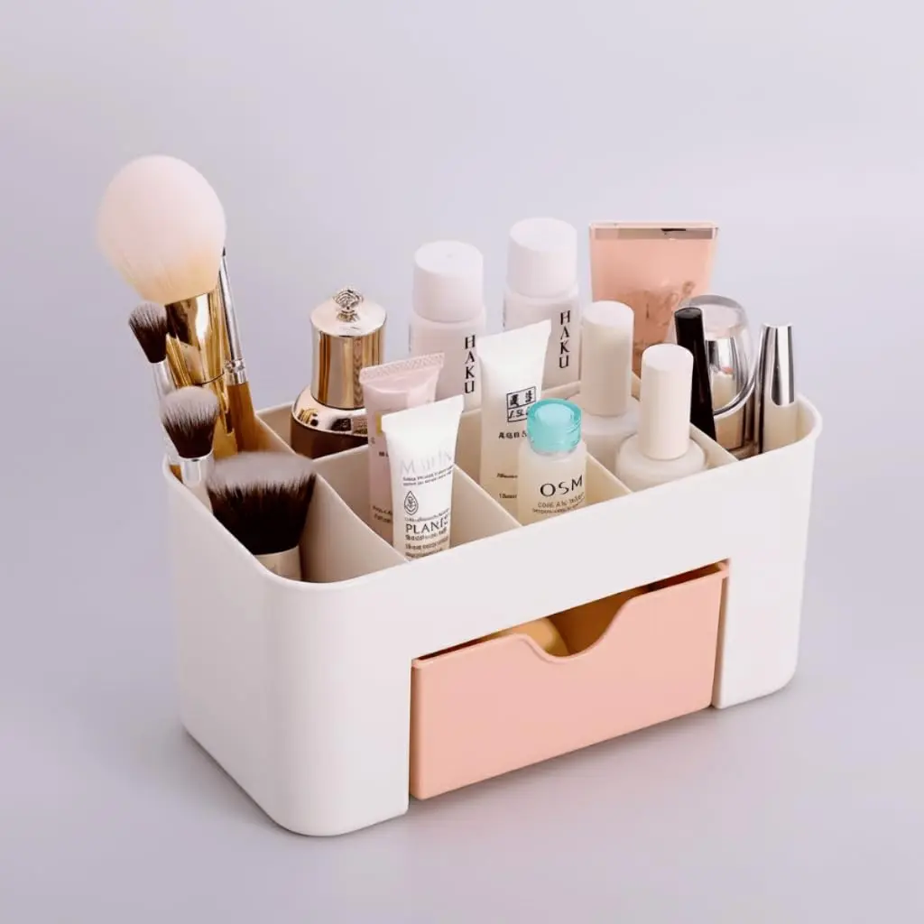 Palada Organizador de Maquiagem Mesa com Gaveta Porta Cosméticos 21cm Rosa | Multiuso com gaveta para maquiagem, cosméticos, pincéis, canetas e acessórios. Ideal para penteadeira, mesa e escritório.