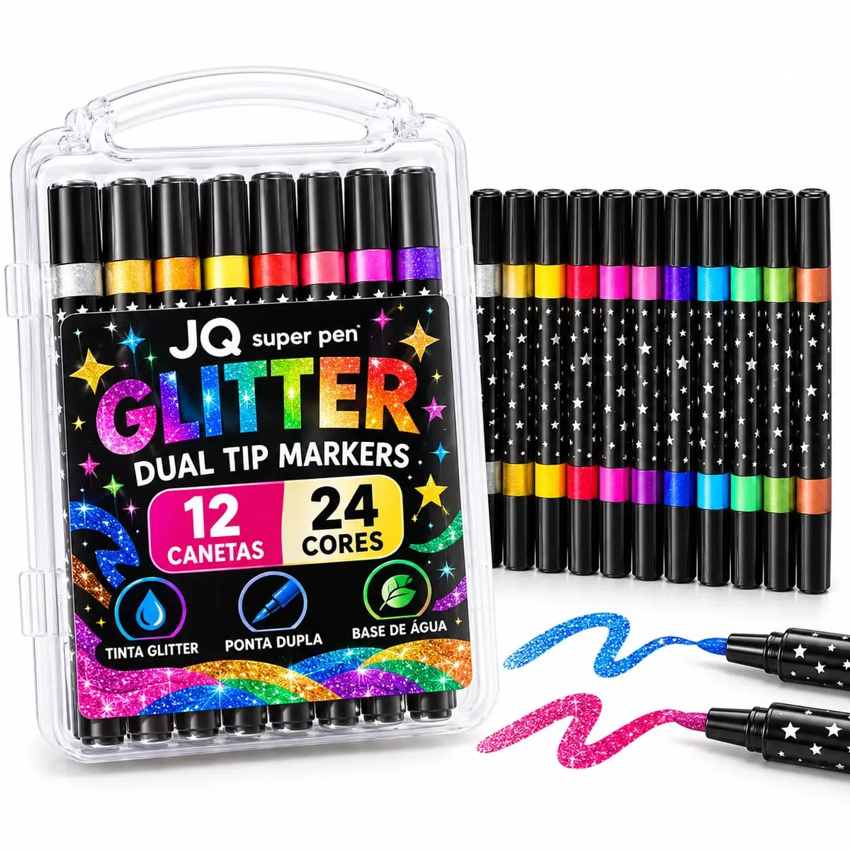 Canetinhas Glitter 24 Cores com 12 Unidades, Ponta Dupla e Estojo Organizador para Desenho, Lettering e Artesanato