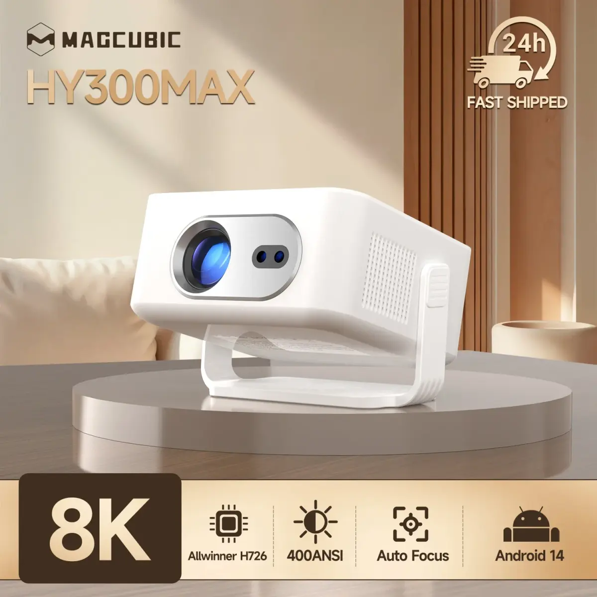Projetor Portátil Magcubic com Foco Automático Android 14 4K 400ANSI 8K Nativo 720P HY300Max com Wifi6 BT5.4 Allwinner H726 para Uso Externo