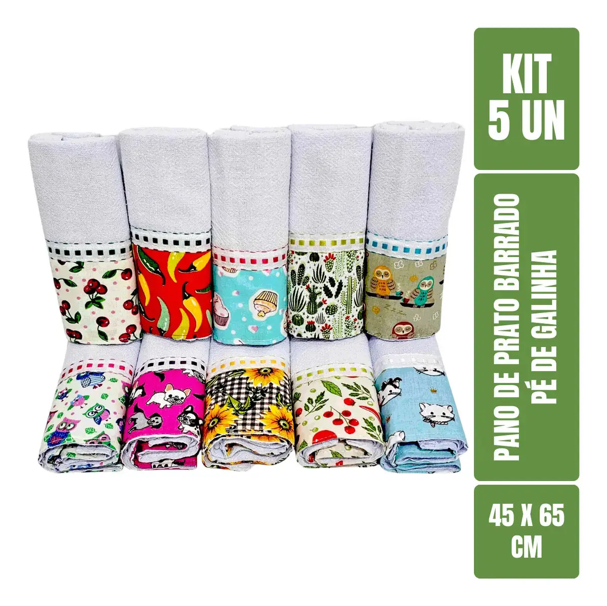 Kit 5 Panos de Prato Algodão Pé de Galinha Estampado Florido 45x65cm Neves