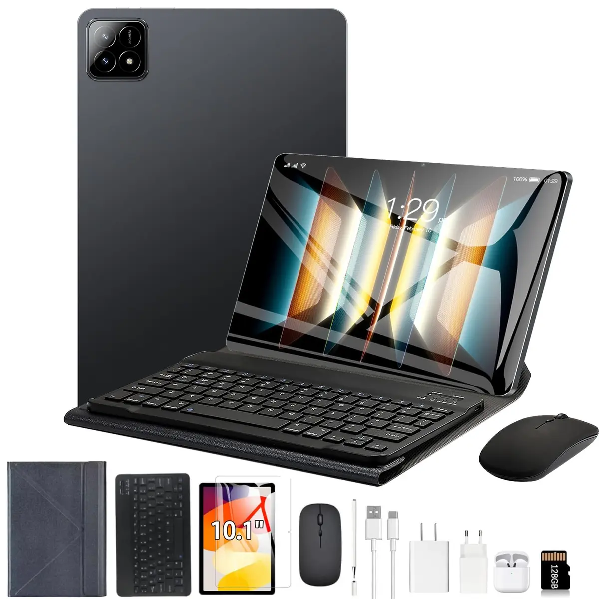 Tablet 3 em 1 10.1" Android 14 16GB RAM 512GB ROM Câmera 16MP Bateria 8800mAh Wi-Fi c/Teclado Mouse Estojo Cartão SD (preto)