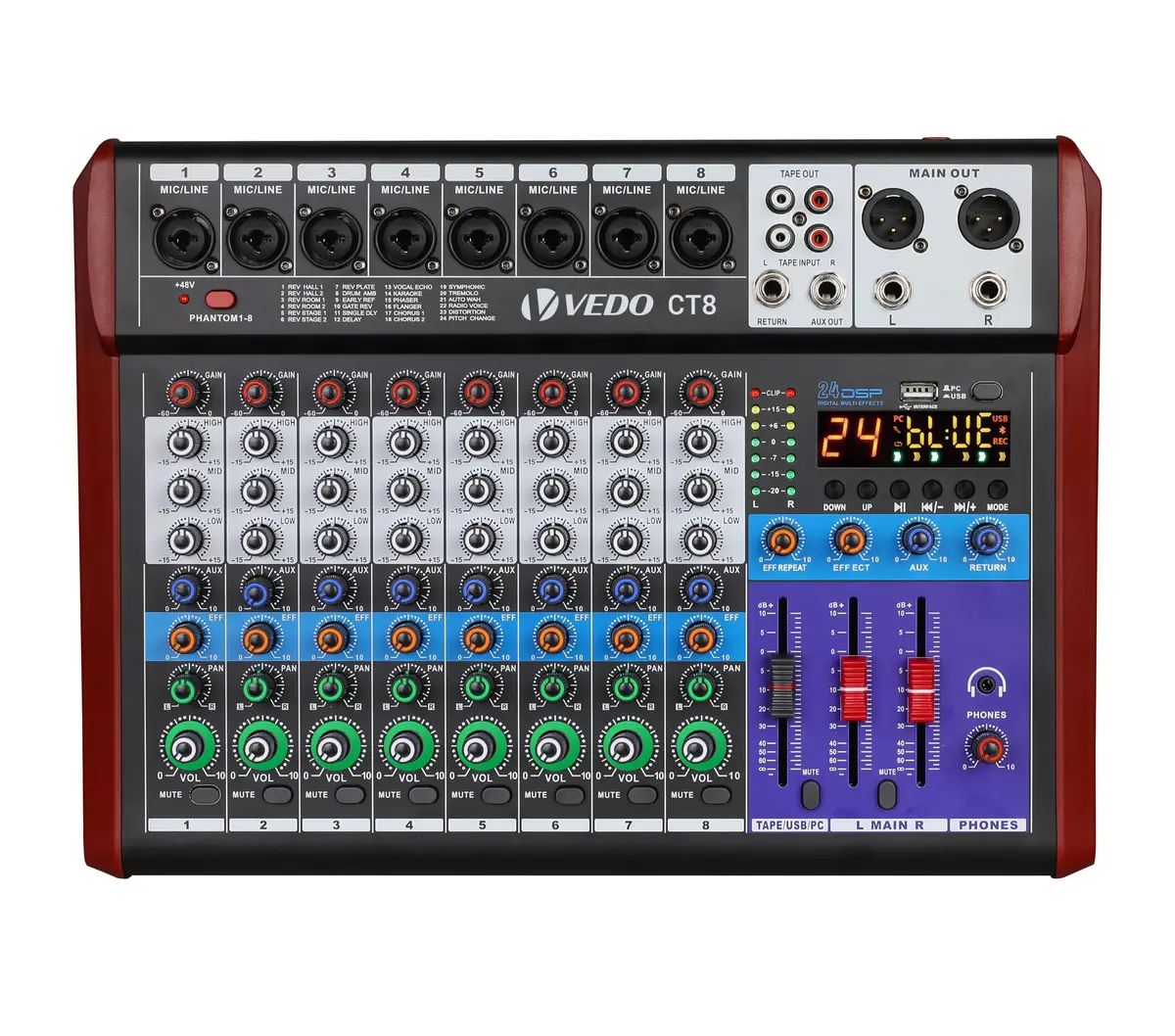 VEDO Mesa de Mistura CT8 Profissional de 8 Canais com Equalizador de 3 Bandas, 24 Efeitos DSP, Bluetooth 5.0, Reprodução/Gravação USB, Alimentação Phantom 48V para Som ao Vivo, Estúdio, Karaokê
