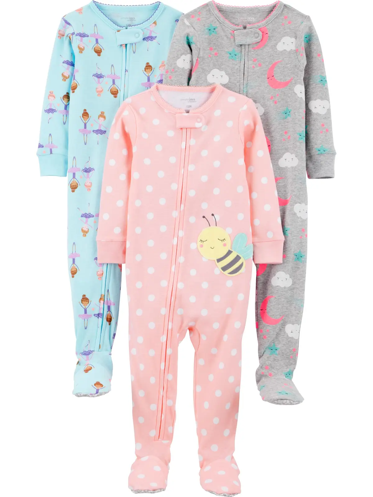 Simple Joys by Carter's Pacote com 3 pijamas de algodão com pés de ajuste confortável para meninas
