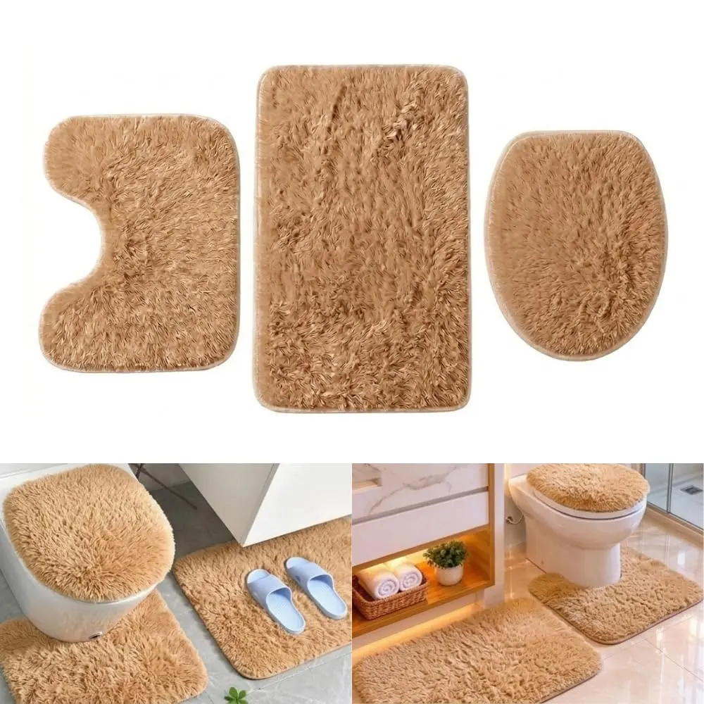Jogo de Banheiro 3 Peças Peludo - Tapete para Banheiro Macio Antiderrapante - Kit Tapete Banheiro Confortável e Moderno - Tapete para Pia e Vaso - UpShop (Marrom)
