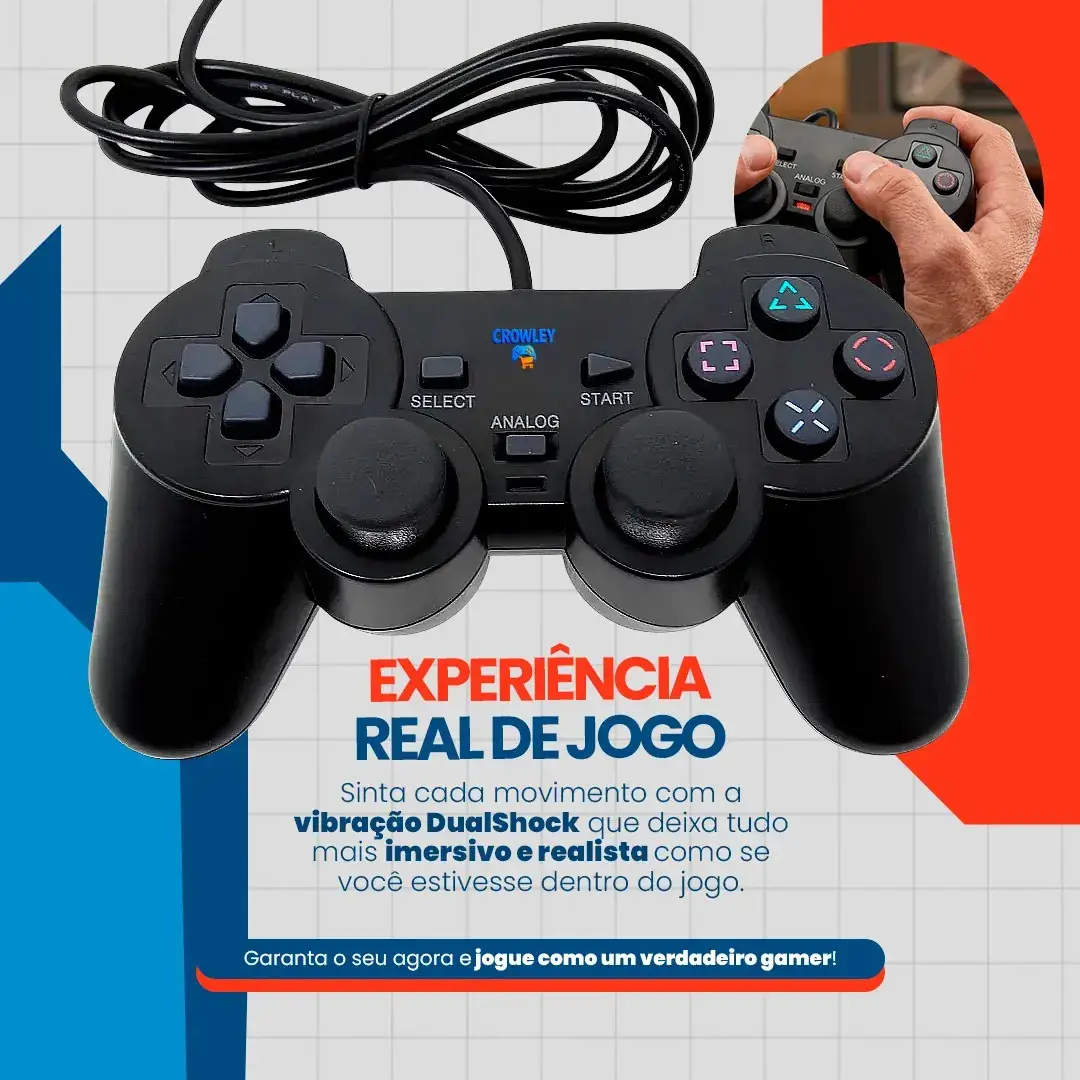 Kit 2 Controles Para Ps2 e PS1 Com Fio Analógico Joystick Manete - Crowley thumbnail 2
