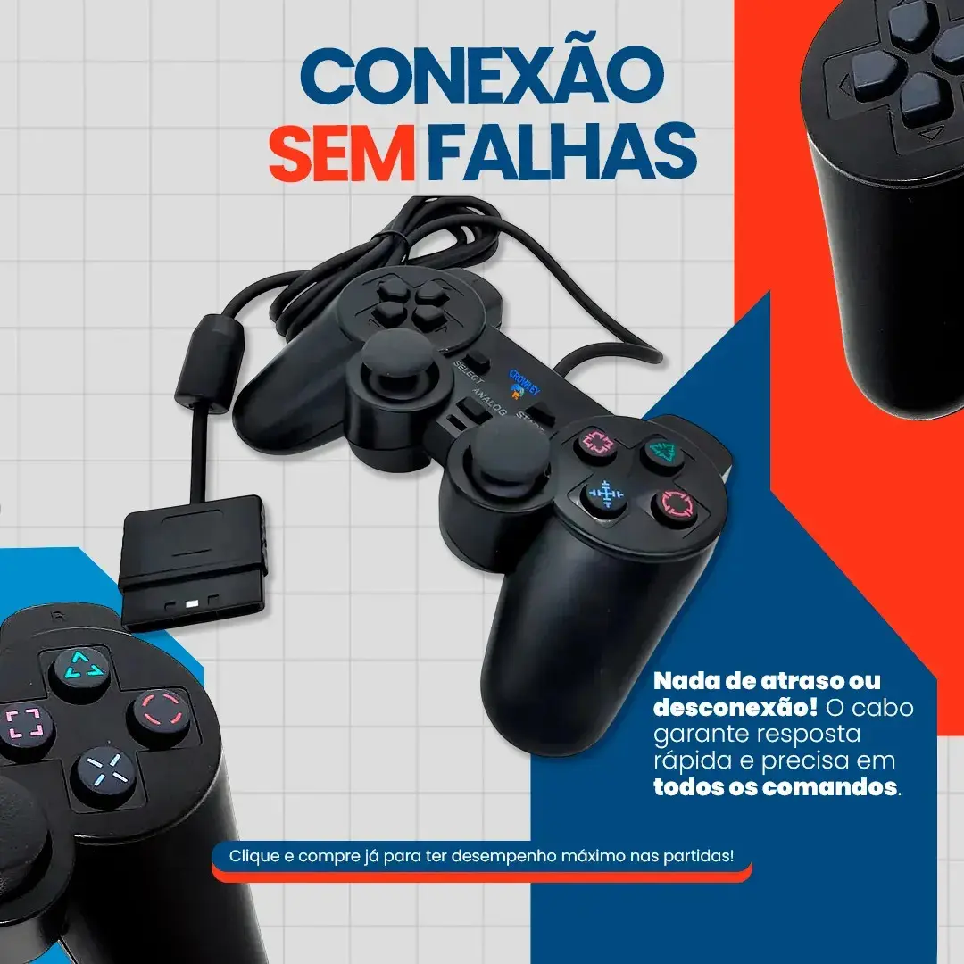 Kit 2 Controles Para Ps2 e PS1 Com Fio Analógico Joystick Manete - Crowley thumbnail 3