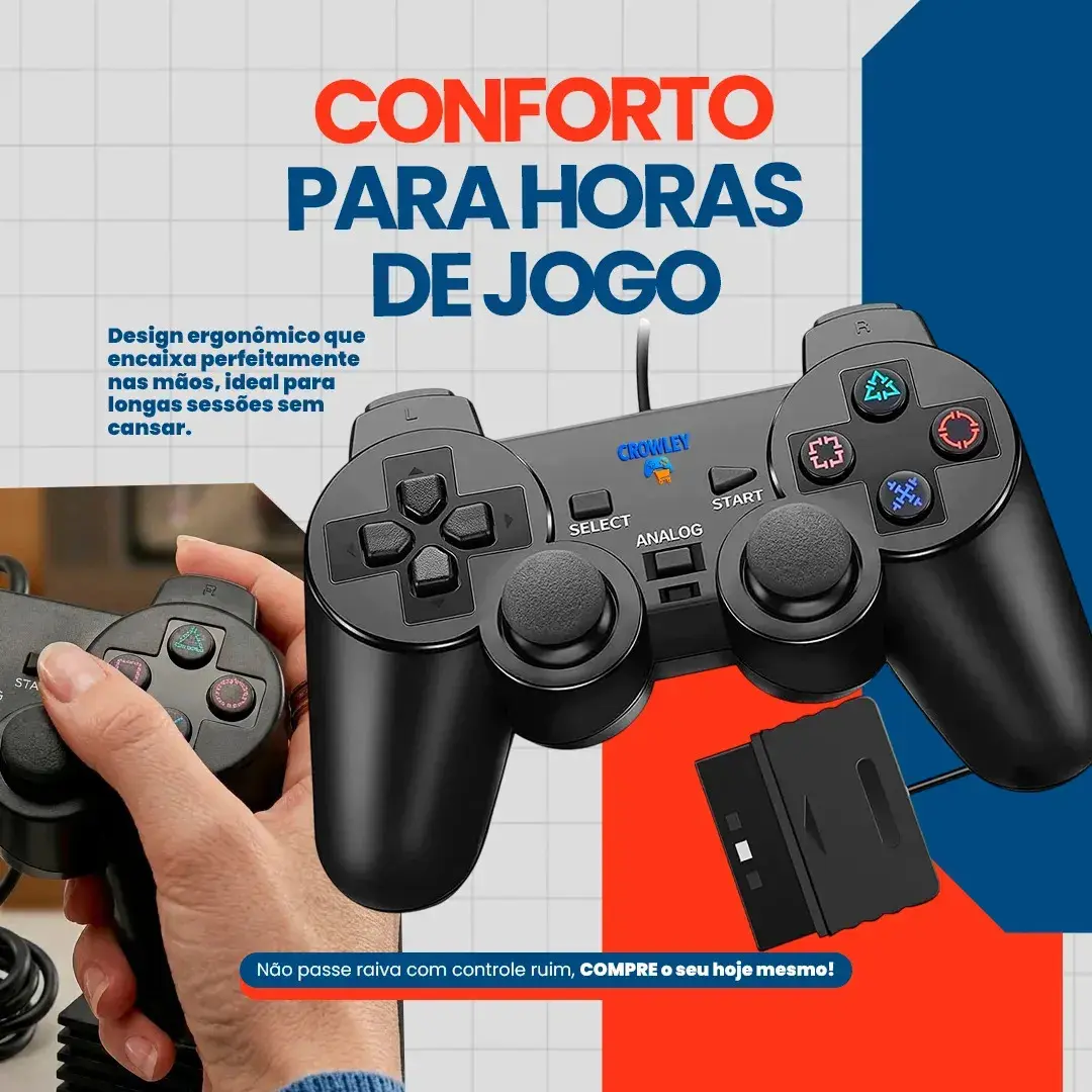 Kit 2 Controles Para Ps2 e PS1 Com Fio Analógico Joystick Manete - Crowley thumbnail 4