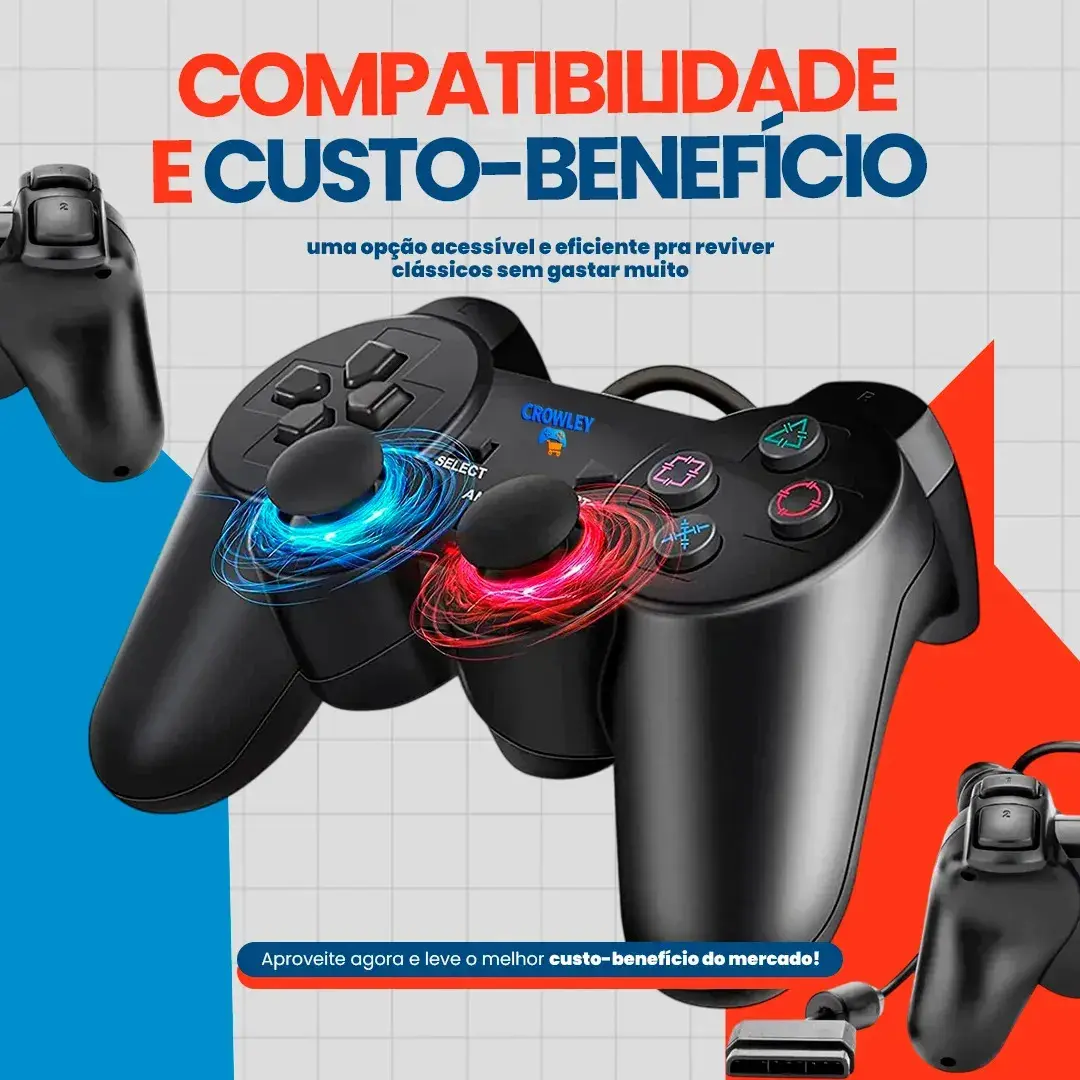 Kit 2 Controles Para Ps2 e PS1 Com Fio Analógico Joystick Manete - Crowley thumbnail 5