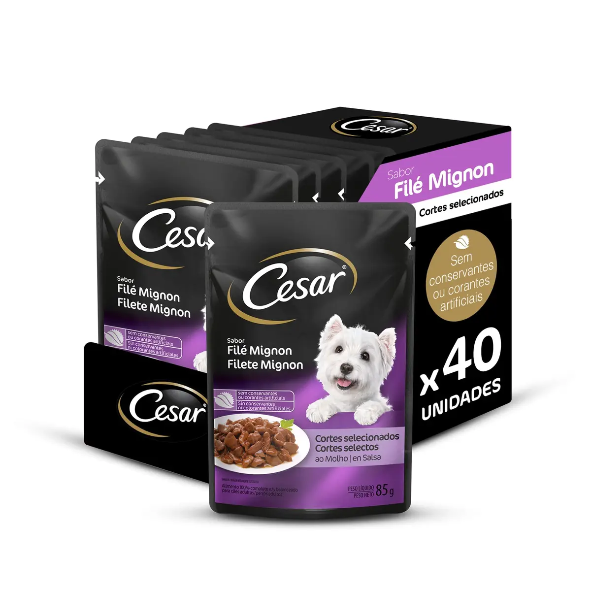 Pack Ração Úmida Cesar Sachê Cortes Selecionados Filé Mignon Para Cães Adultos 85 g - 40 unidades