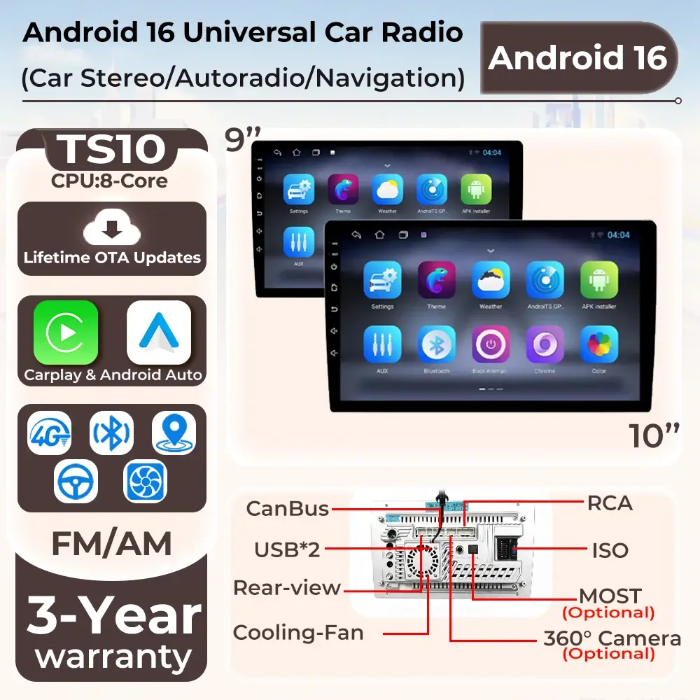 Rádio Automotivo Android 16 Universal de 9/10 polegadas com CarPlay, Android Auto, GPS, Multimídia, 2 DIN, WiFi, Tela QLED e Bluetooth - 1