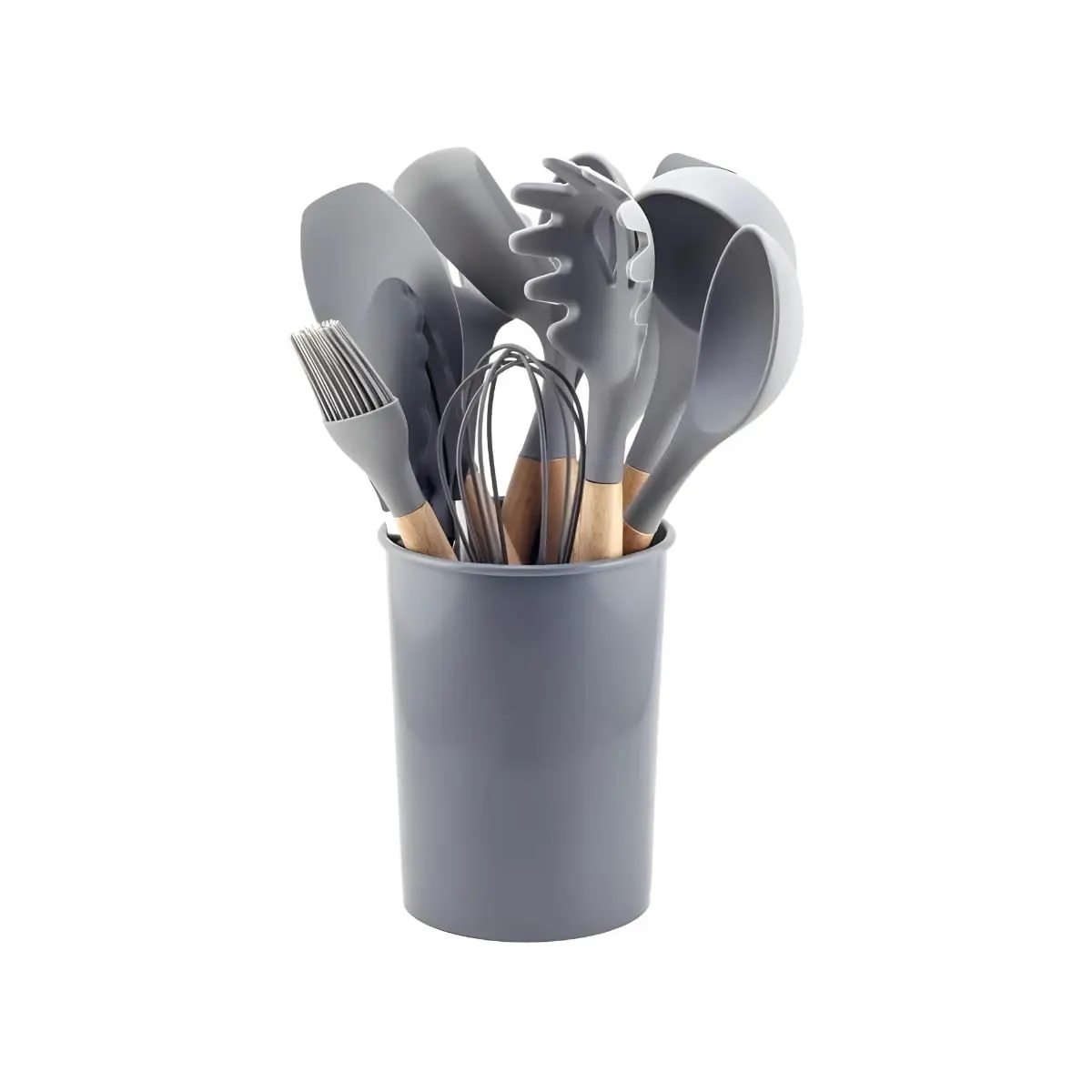 Conjunto de Utensílios de Cozinha, 12 Peças, Silicone e Madeira, Design Ergonômico, Antiderente e Resistente ao calor (Cinza)