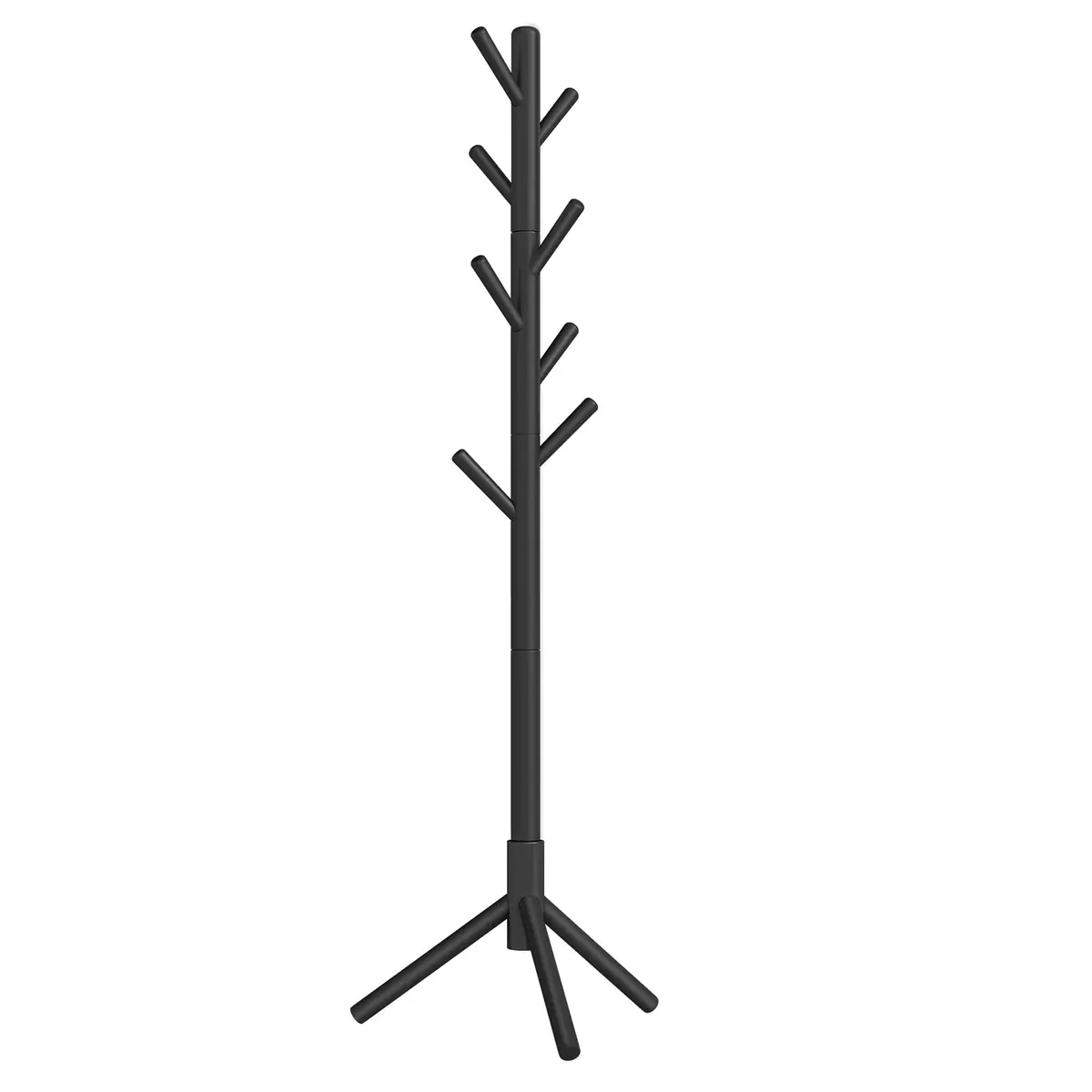 VASAGLE Cabideiro de Pé, Árvore de Casacos em Madeira de Borracha, com 8 Ganchos, 3 Opções de Altura, 47 x 47 x 175 cm, para Roupas e Bolsas, para Sala, Quarto, Preto BRRCR04BK