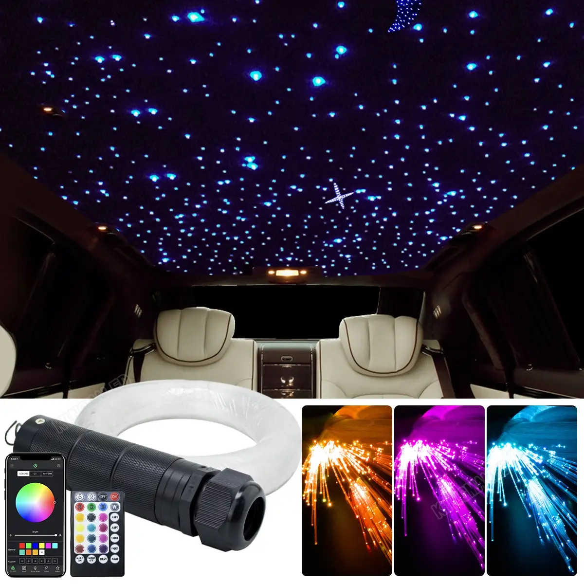 Kit de Luz de Teto de Fibra Óptica DC12V 6W 100~460pcs RGBW para Carro, Teto Estrelado com Controle por Aplicativo e Música, Luz de Fibra Óptica para Teto de Carro - 1