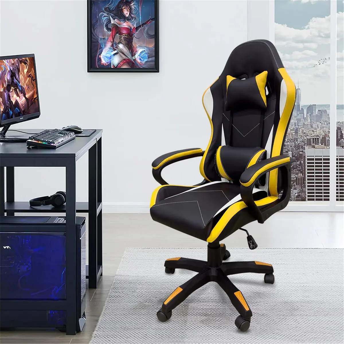 Cadeira de jogos com encosto alto, apoios de braços fixos em quatro pontos, altura ajustável (Amarelo) - 1